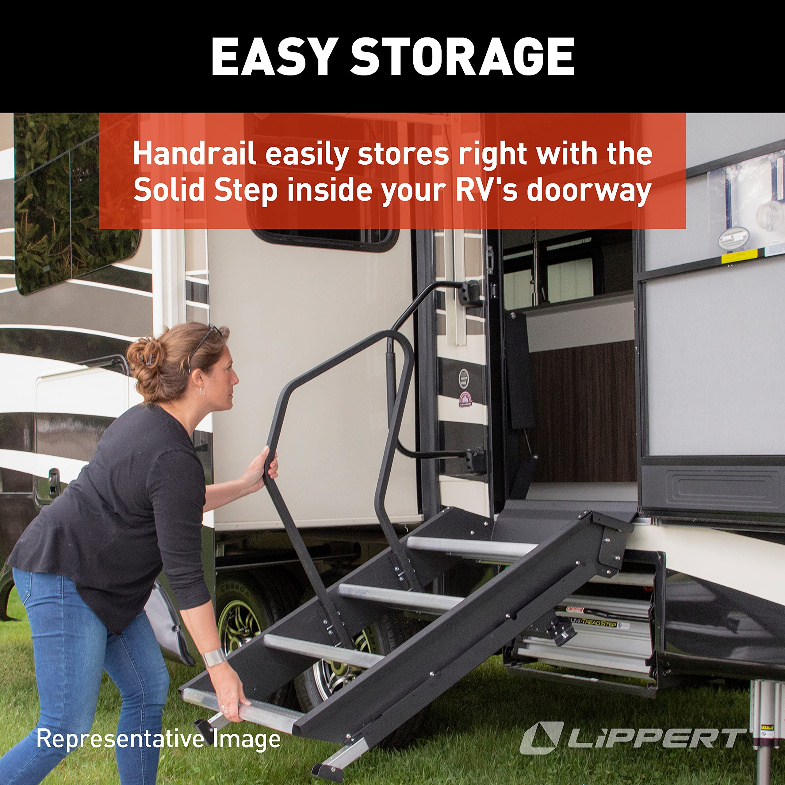 Lippert Entry Assist Handrail Solid Step, Accommodates Door Widths up to 36”, Easy Installation, Locking Pins for 5” Adjustment, for 5th Wheel RVs, Travel Trailers, Motorhomes - 799640, Black