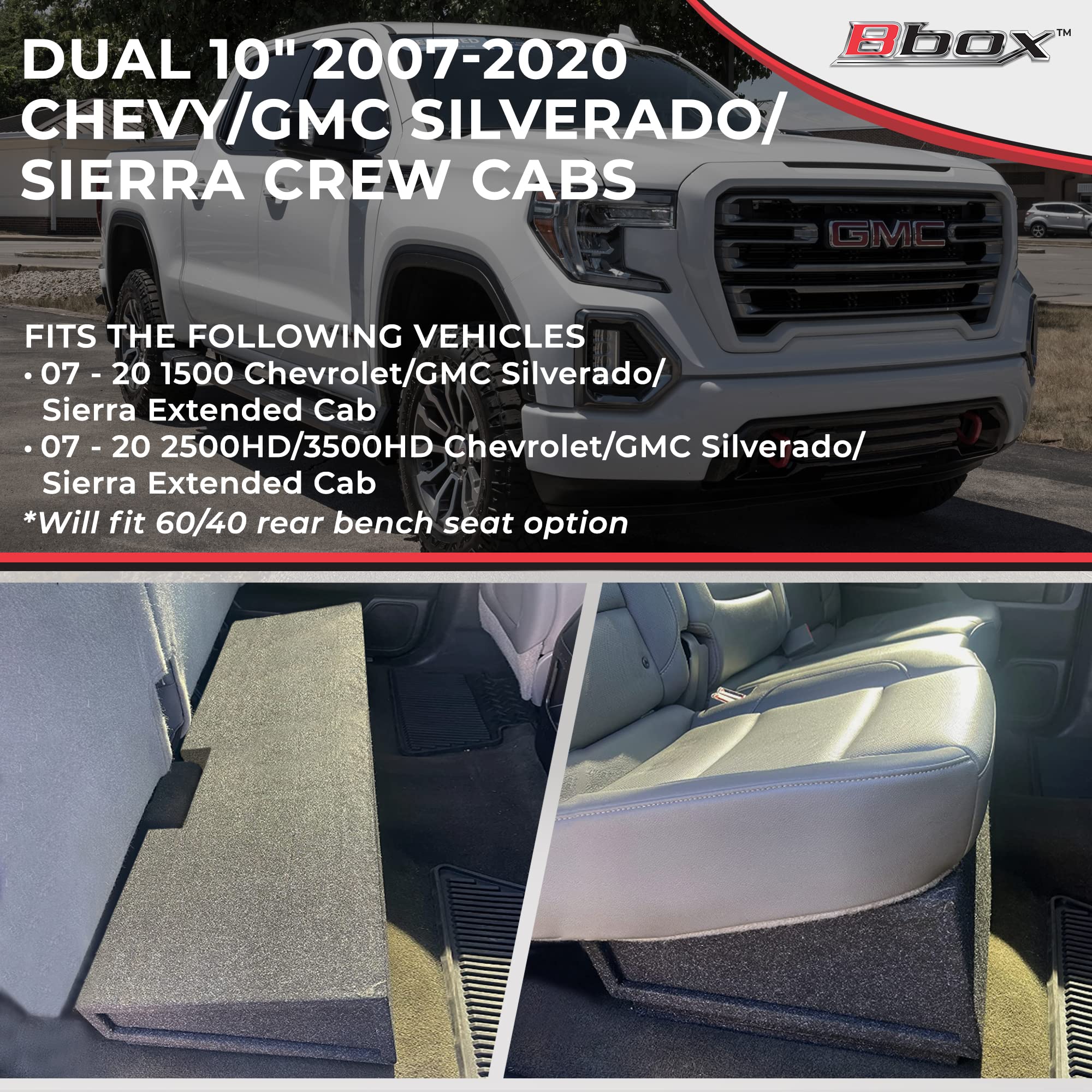 Atrend Bbox A184-10CP Carpeted Dual 10" Sealed Subwoofer Enclosure - Fits 2007 - 2020 Chevrolet/GMC Silverado/Sierra Crew Cab, Charcoal