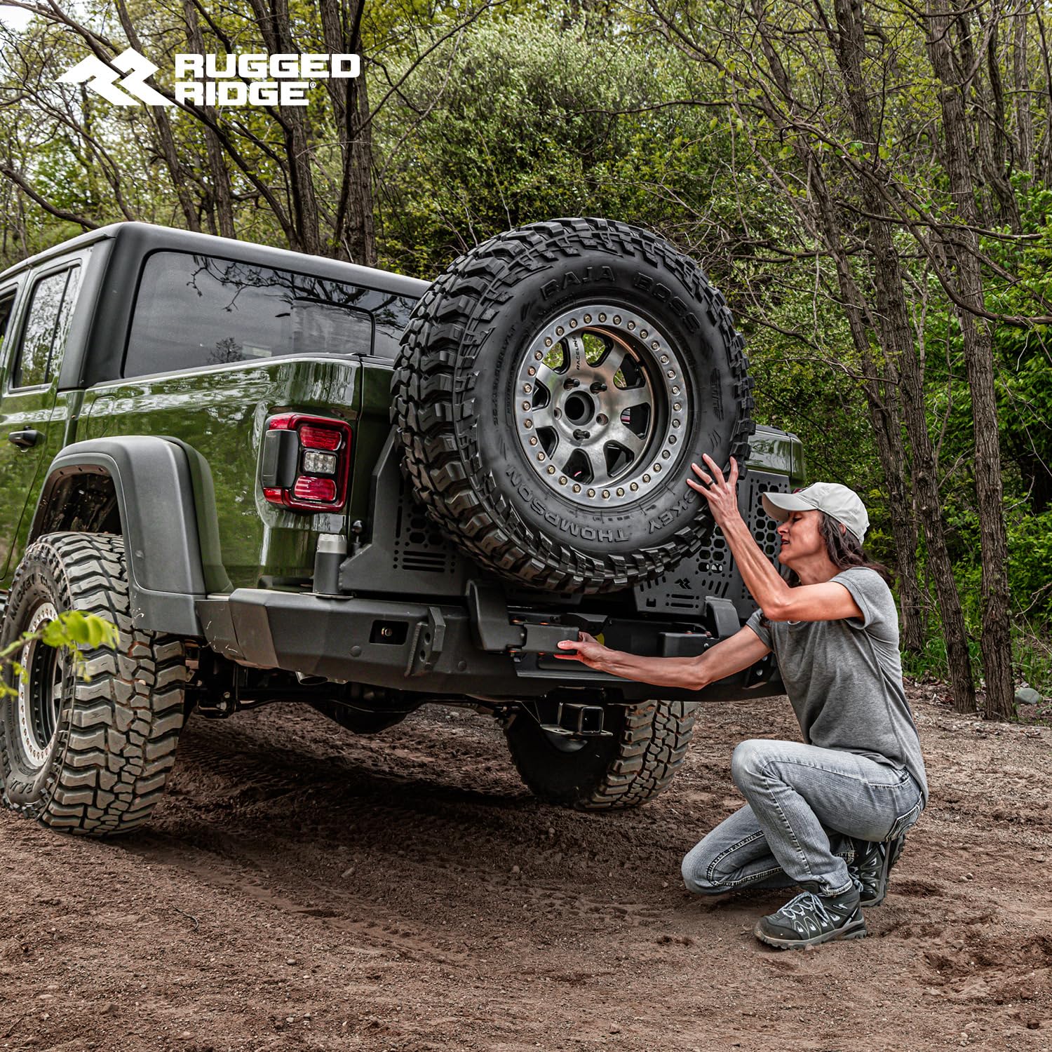 Rugged Ridge Rear Bumper WingMate for Jeep Gladiator JT | Accommodates Swingout Tire Carrier, Dual Pivot Points, 3/16" Steel, Textured Black | 11540.38 | Fits 2020-2024 Jeep Gladiator JT