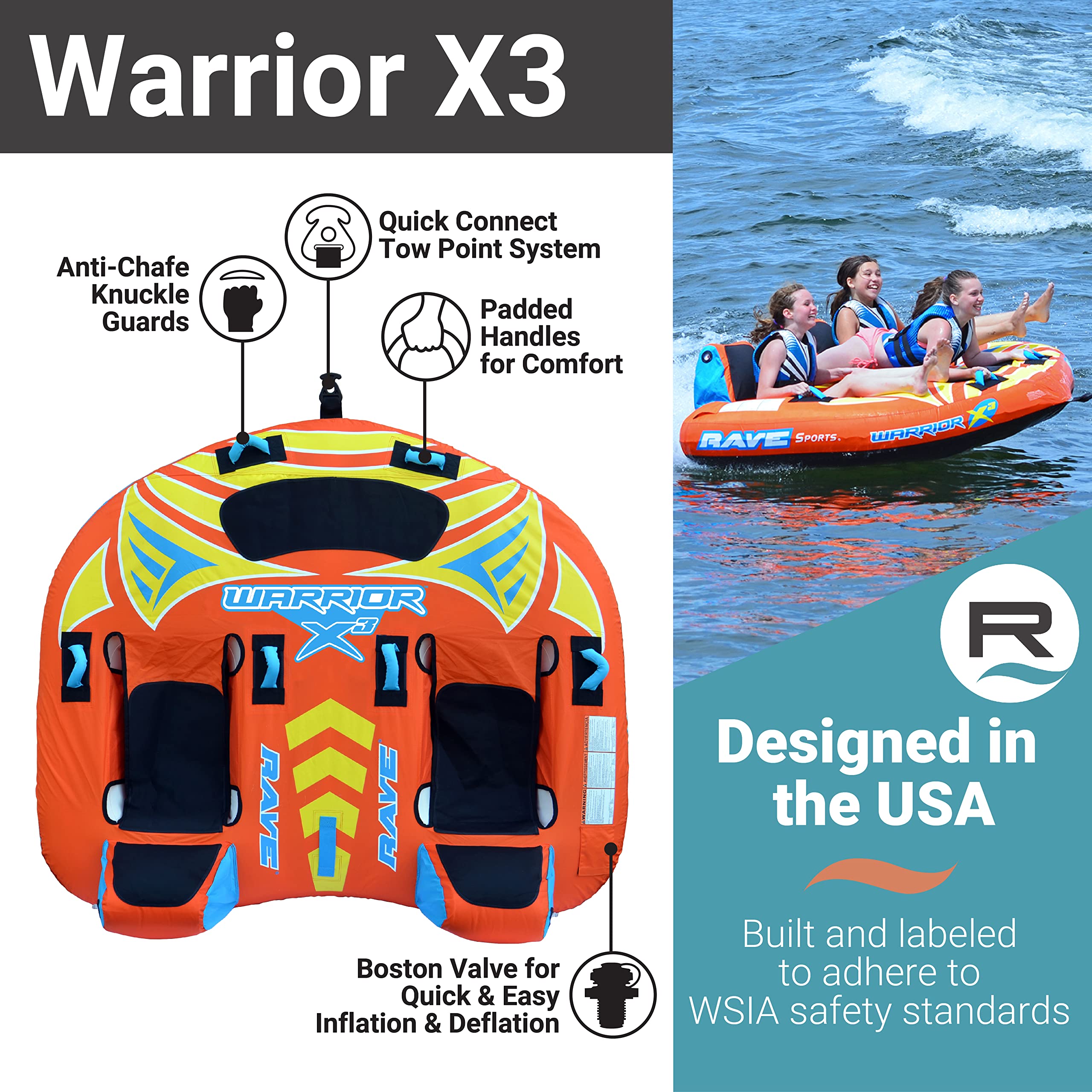 RAVE Sports Inflatable Warrior X3 Towable Tube, 1-3 Riders, Two Hammock-Style Seats with Backrests, Middle Rider Lying Down, Durable Nylon Cover, Neoprene Padding, Boat Towables-Tubes