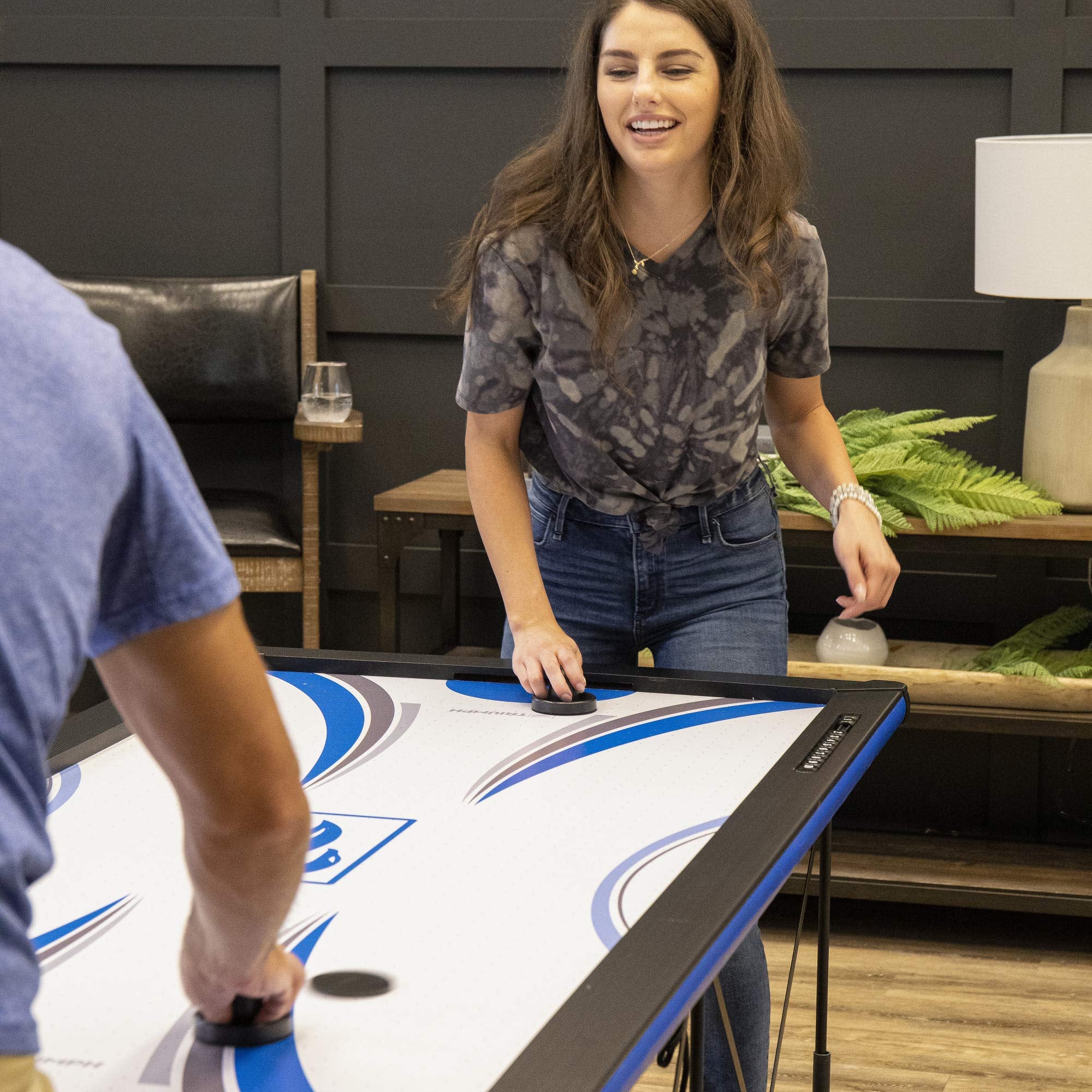 Portable Triumph Sports 6’ Pop Up Folding Air Hockey Table with Folding Legs, Instant Assembly and Accessories Included