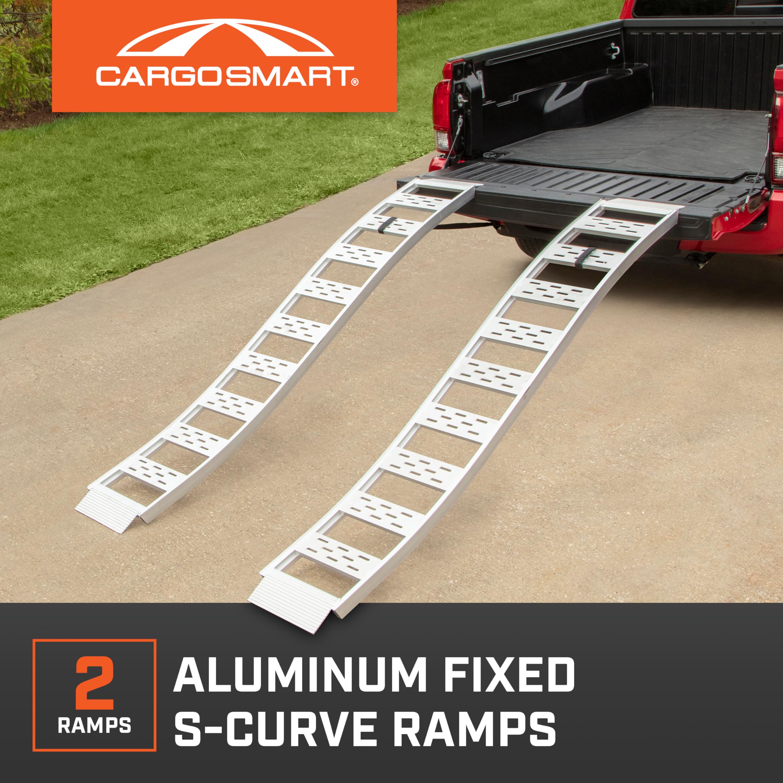CargoSmart Fixed Aluminum S-Curve Ramp with Treads (2pk) – Easily and Safely Load and Unload Your Light Equipment, Lawn Tractors, ATVs and More, 1,500 lb. Capacity, 12” W x 90” L