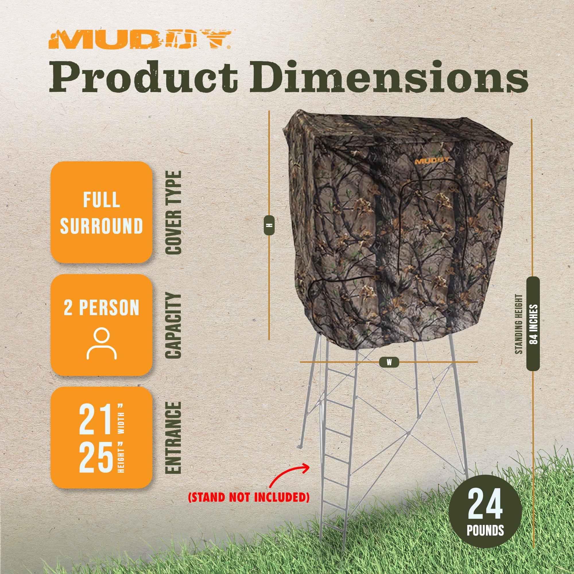 7' Tall MUDDY Quad Pod Steel Hunting Blind Cover with 4 Zippered Windows (Stand Not Included) - Portable Camouflage Shelter and Gear