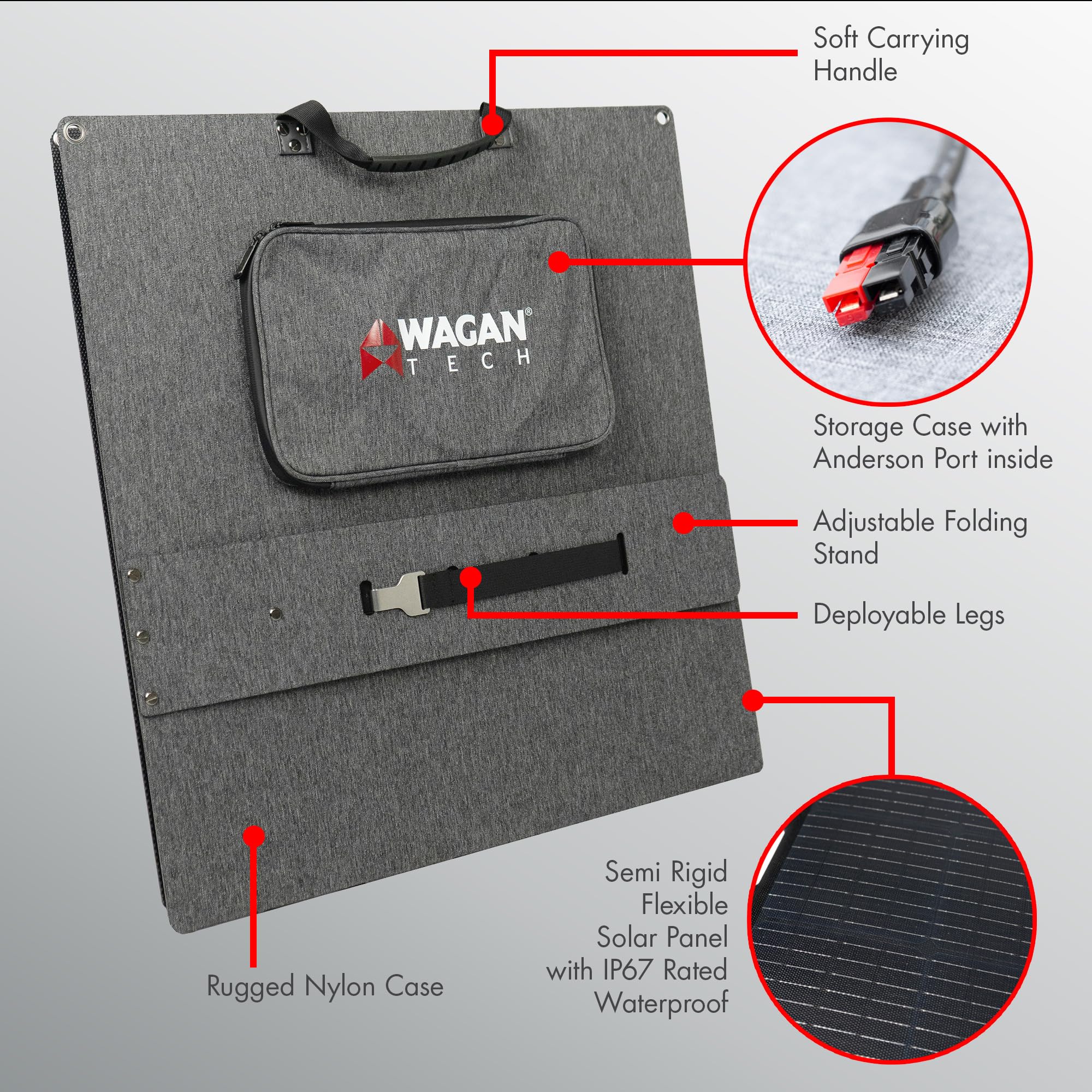 Wagan EL8214 Foldable 100W Solar Panel High Efficiency with Anderson Connector 6.5 ft Power Cable Compatible with Any Anderson Equipped Device for Solar Power Generator Van Camping Off-Grid