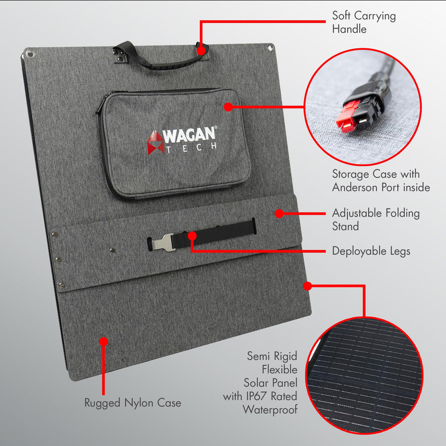 Wagan EL8214 Foldable 100W Solar Panel High Efficiency with Anderson Connector 6.5 ft Power Cable Compatible with Any Anderson Equipped Device for Solar Power Generator Van Camping Off-Grid