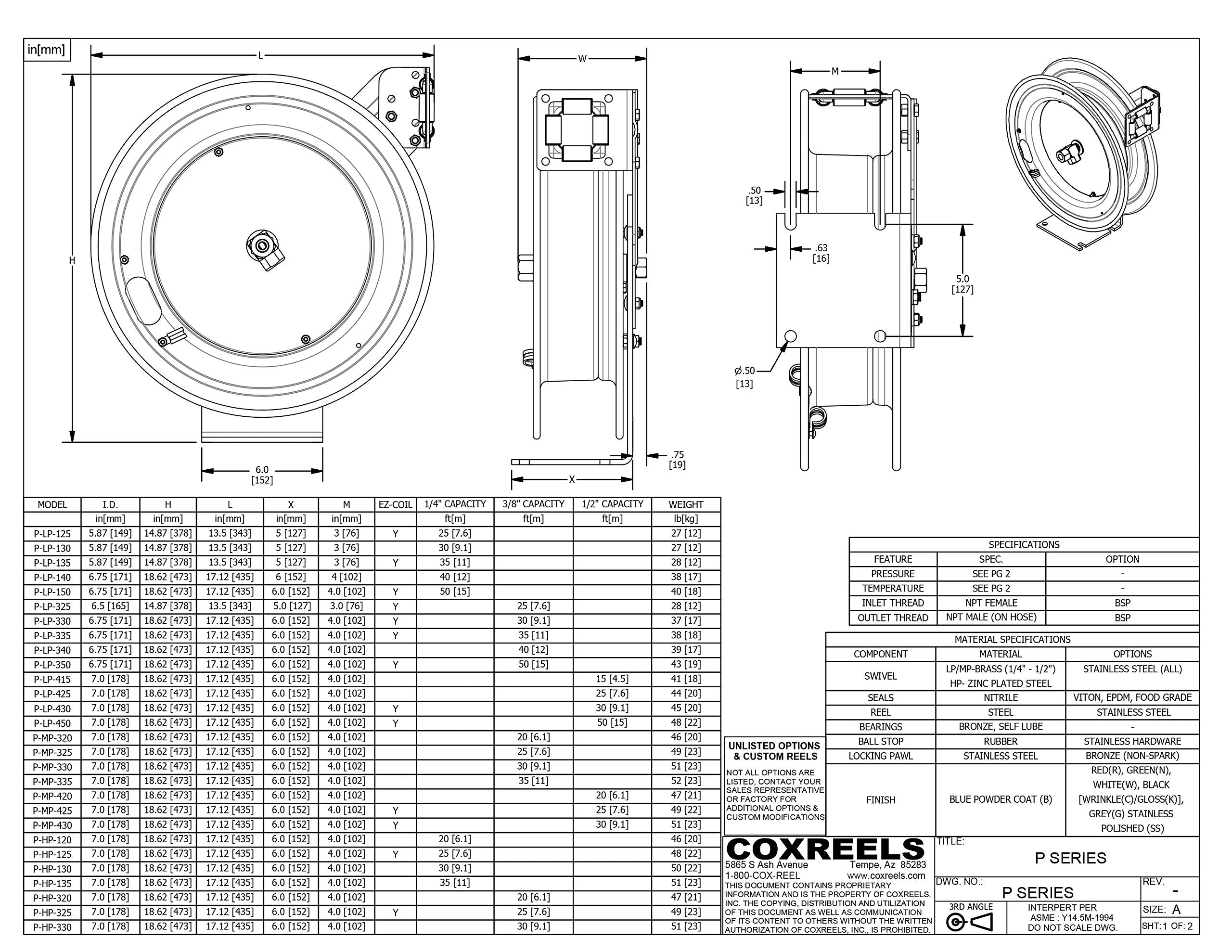 COXREELS Safety Series EZ-P-LP-450-HV Retractable Spring Rewind Hose Reel for air/Water: 1/2" I.D., 50'high Visibility Safety Hose, 300 PSI, Made in USA