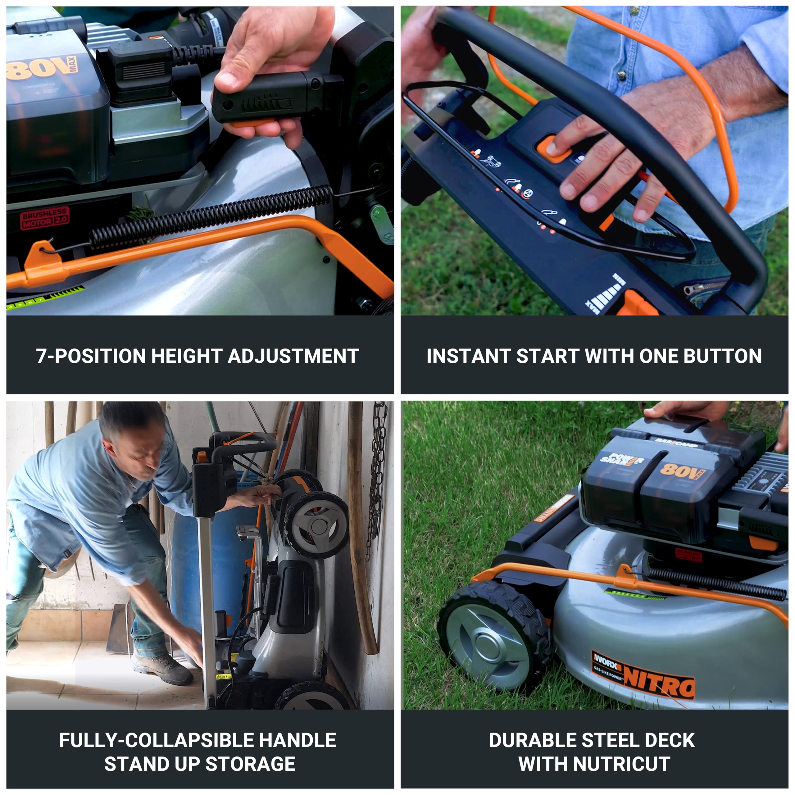 Worx 80V Nitro 21" Cordless Lawn Mower, 3 in 1 Electric Mower with Brushless Motor, Self-Propelled Lawn Mower for 1 Acre, 4 × 5.0 Ah Batteries & Charger Included, WG761