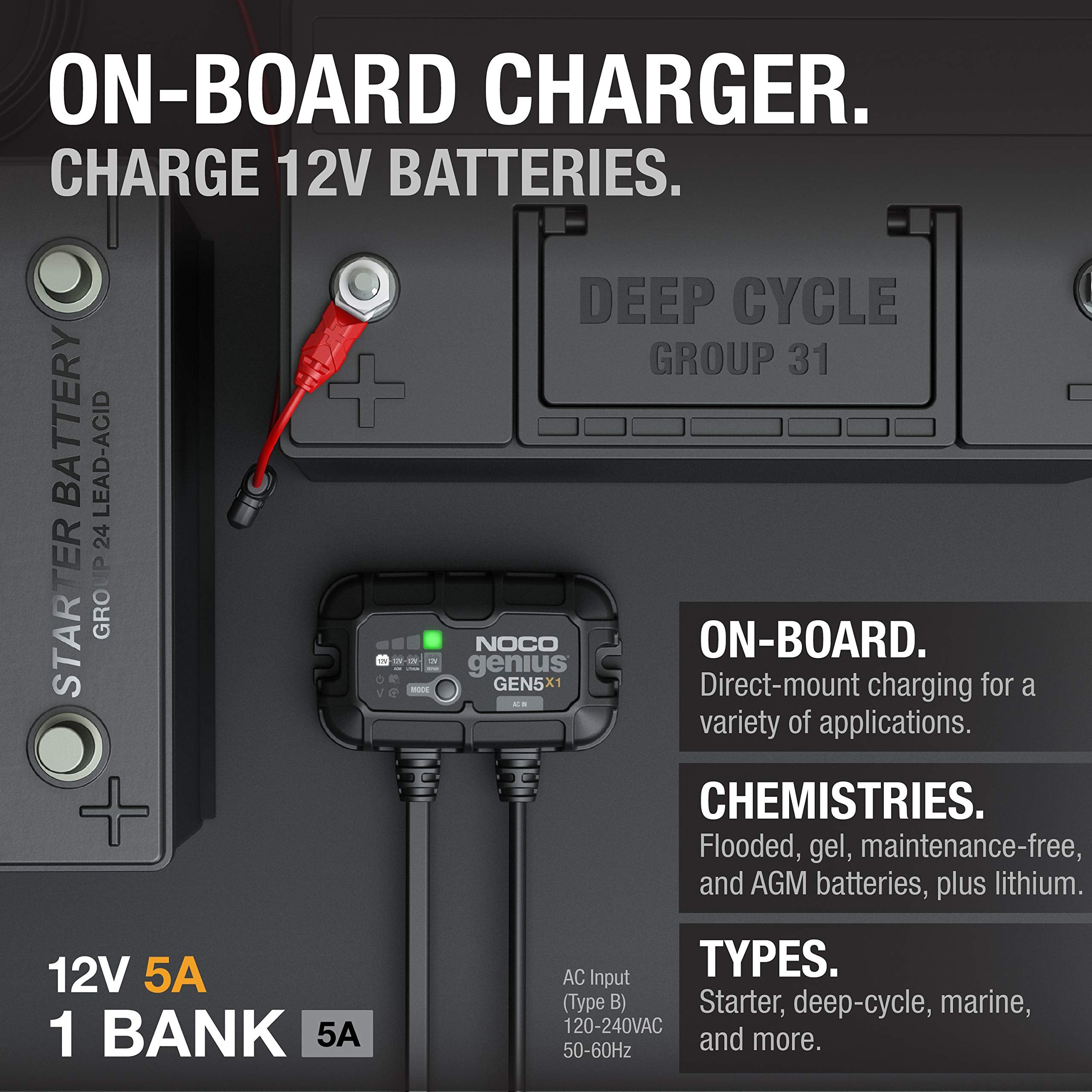 GEN5X1 NOCO Genius: 1-Bank, 5A Onboard Battery Charger - 5A Per Bank, 12V Waterproof Marine Charger with Overcharge Protection & Temperature Compensation – for Lead-Acid & Lithium Batteries