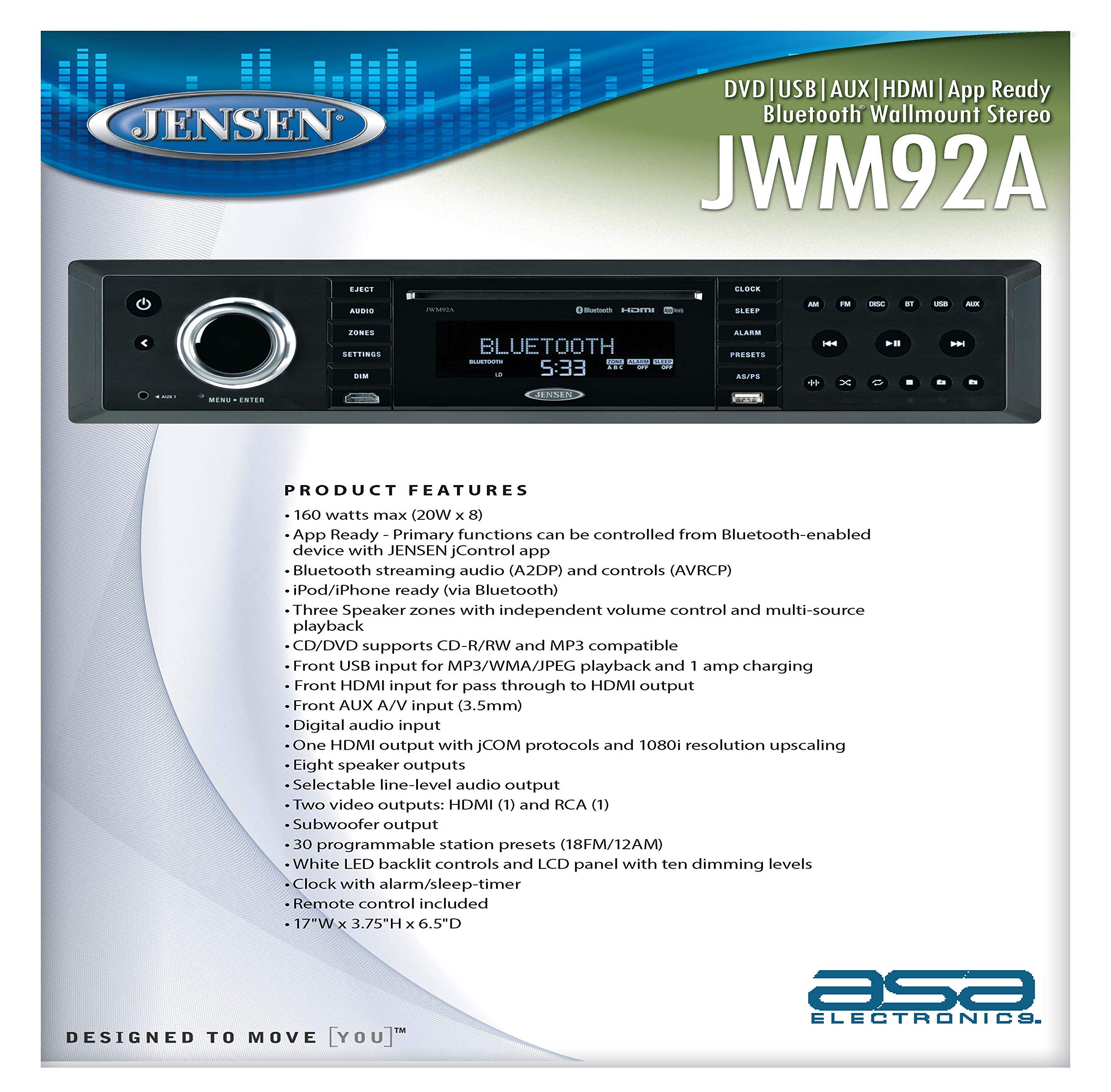 Jensen 3-Speaker JWM92A Zones Slimline Theater-Style DVD|USB|AUX|HDMI|App Ready Bluetooth Wallmount Stereo, Speaker Output 20X 8 Watt, Plays: CD/CD-R/CD-RW/DVD/DVD+R/DVD+RW/DVD-R/DVD-RW/MP3/WMA/JPEG