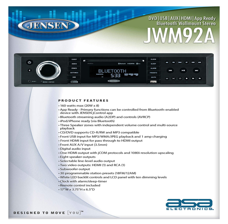 Jensen 3-Speaker JWM92A Zones Slimline Theater-Style DVD|USB|AUX|HDMI|App Ready Bluetooth Wallmount Stereo, Speaker Output 20X 8 Watt, Plays: CD/CD-R/CD-RW/DVD/DVD+R/DVD+RW/DVD-R/DVD-RW/MP3/WMA/JPEG