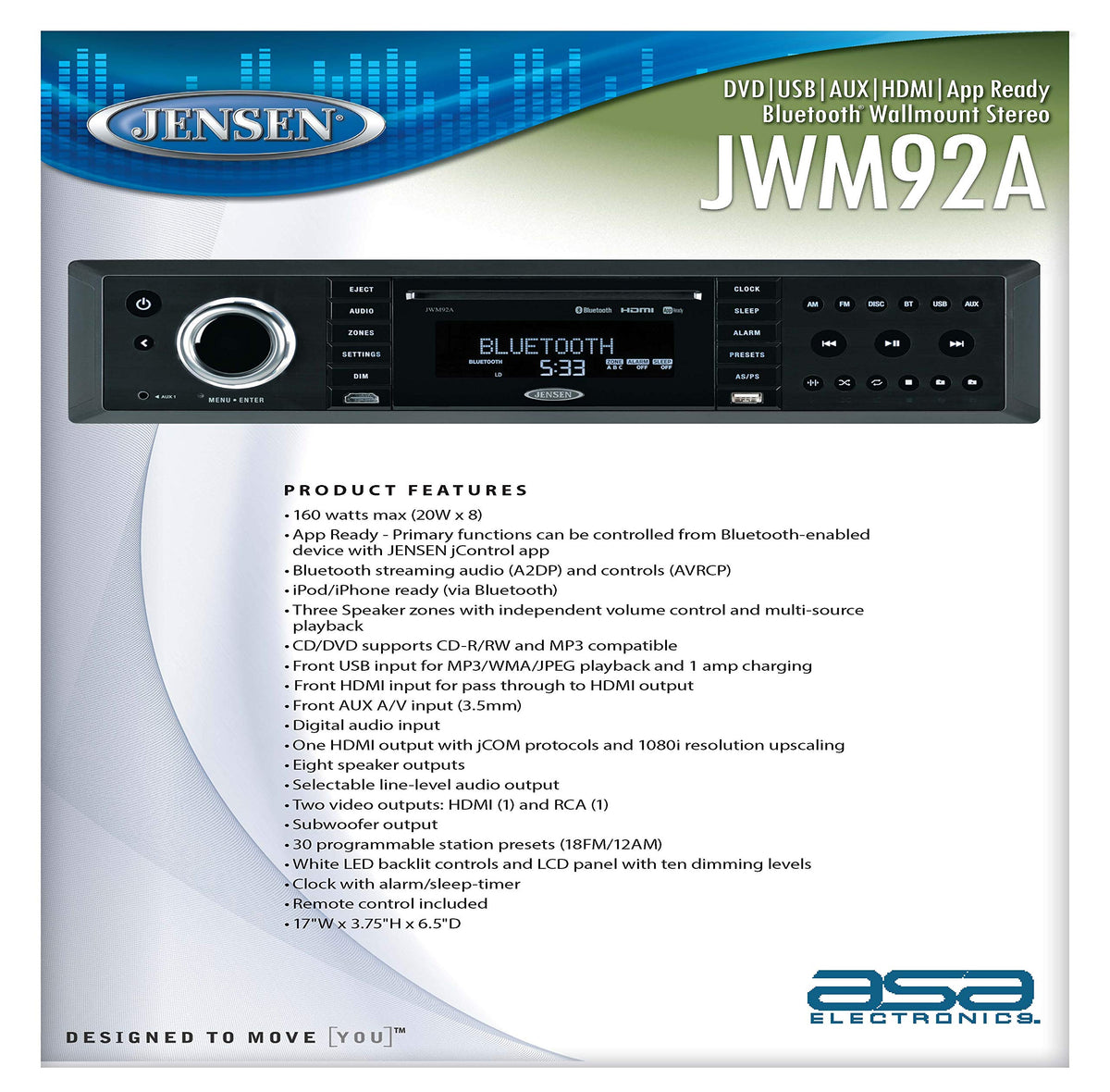 Jensen 3-Speaker JWM92A Zones Slimline Theater-Style DVD|USB|AUX|HDMI|App Ready Bluetooth Wallmount Stereo, Speaker Output 20X 8 Watt, Plays: CD/CD-R/CD-RW/DVD/DVD+R/DVD+RW/DVD-R/DVD-RW/MP3/WMA/JPEG