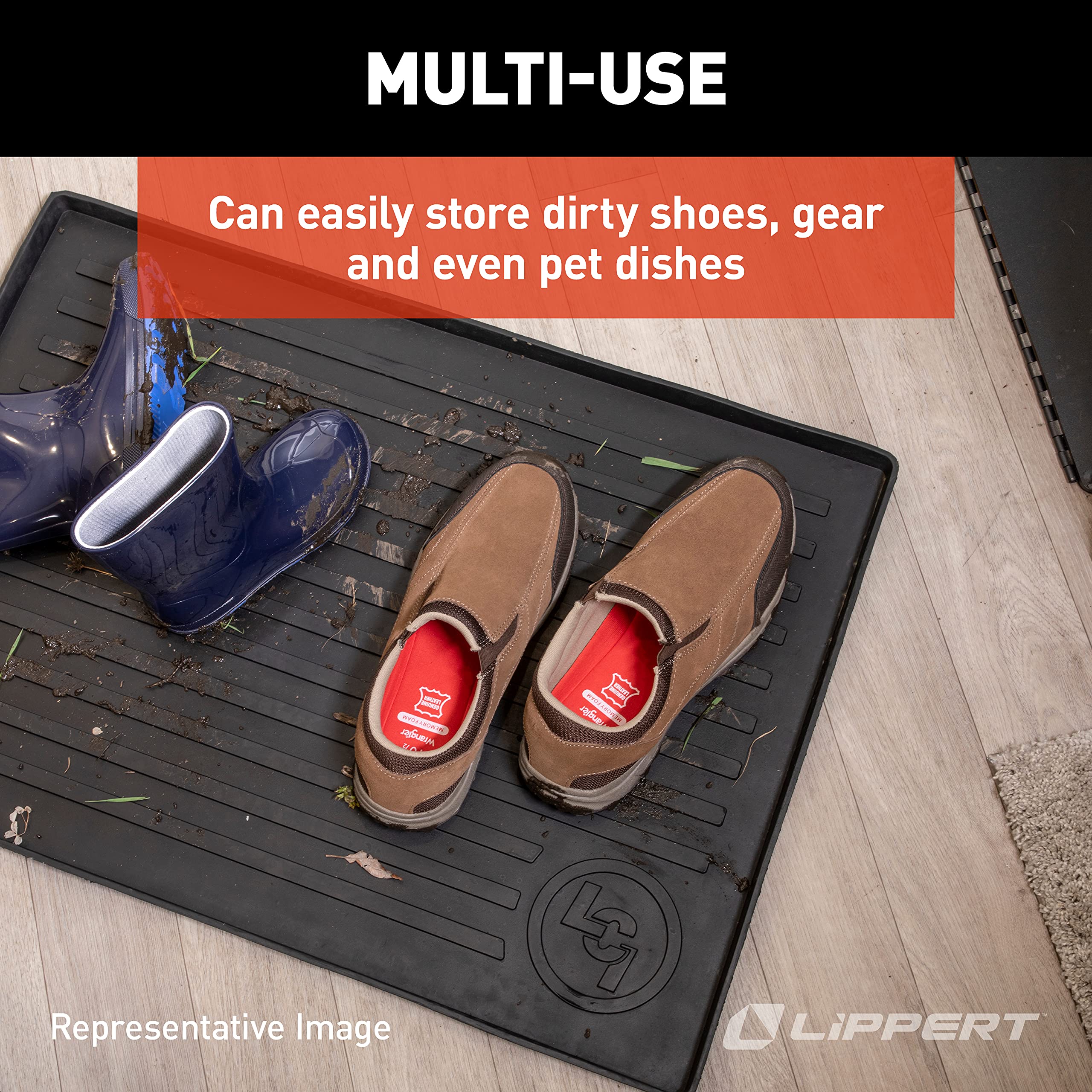Lippert All-Weather Solid Step Entry Floor Tray, 28-1/4" W x 20" D, Heavy-Duty Recycled Rubber Mat for Indoor or Outdoor Door Entryway, for Shoes, Pet Dishes - 801380