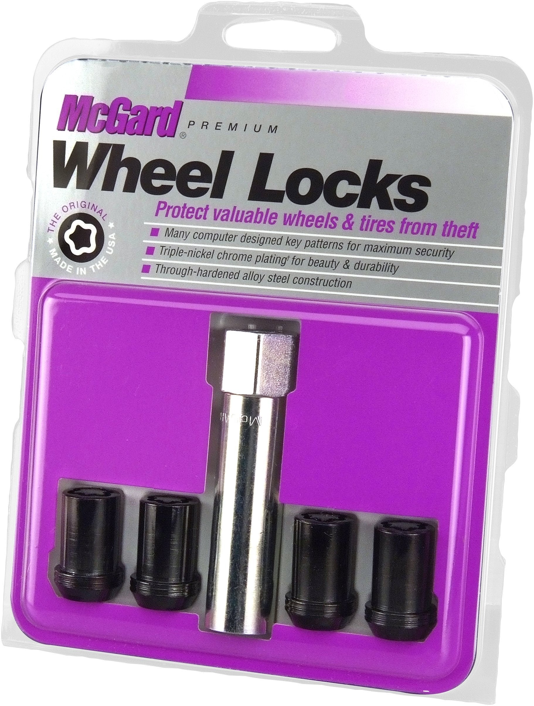 Tuner Style McGard Cone Seat Wheel Locks Black (M12 x 1.5 Thread Size) - Set of 4, 4 Locks / 1 Key