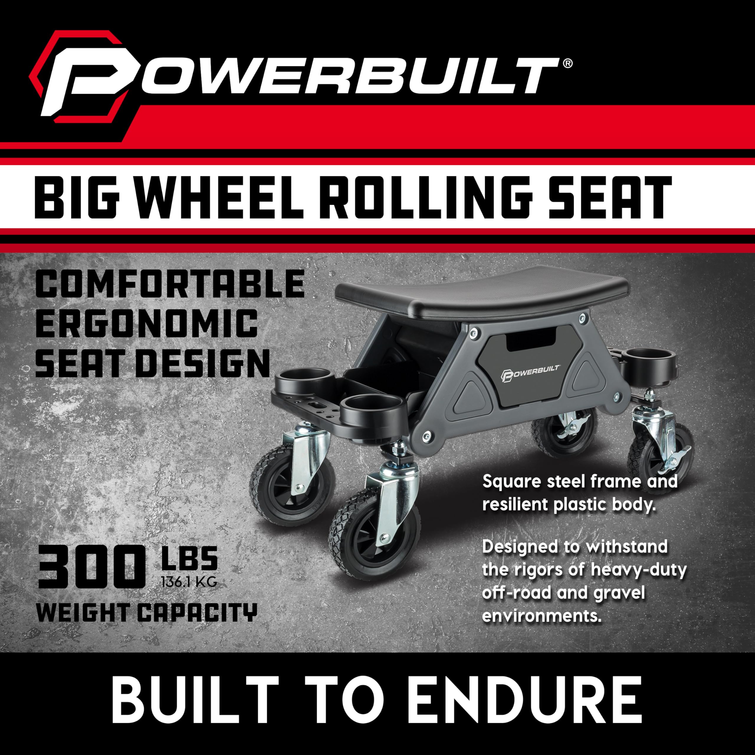 Powerbuilt Rolling Seat Big Wheel, Off-Road Series, Locked in Tool Trays, Heavy-Duty Wheels for Gravel and Rocks - Grey 642965ECE