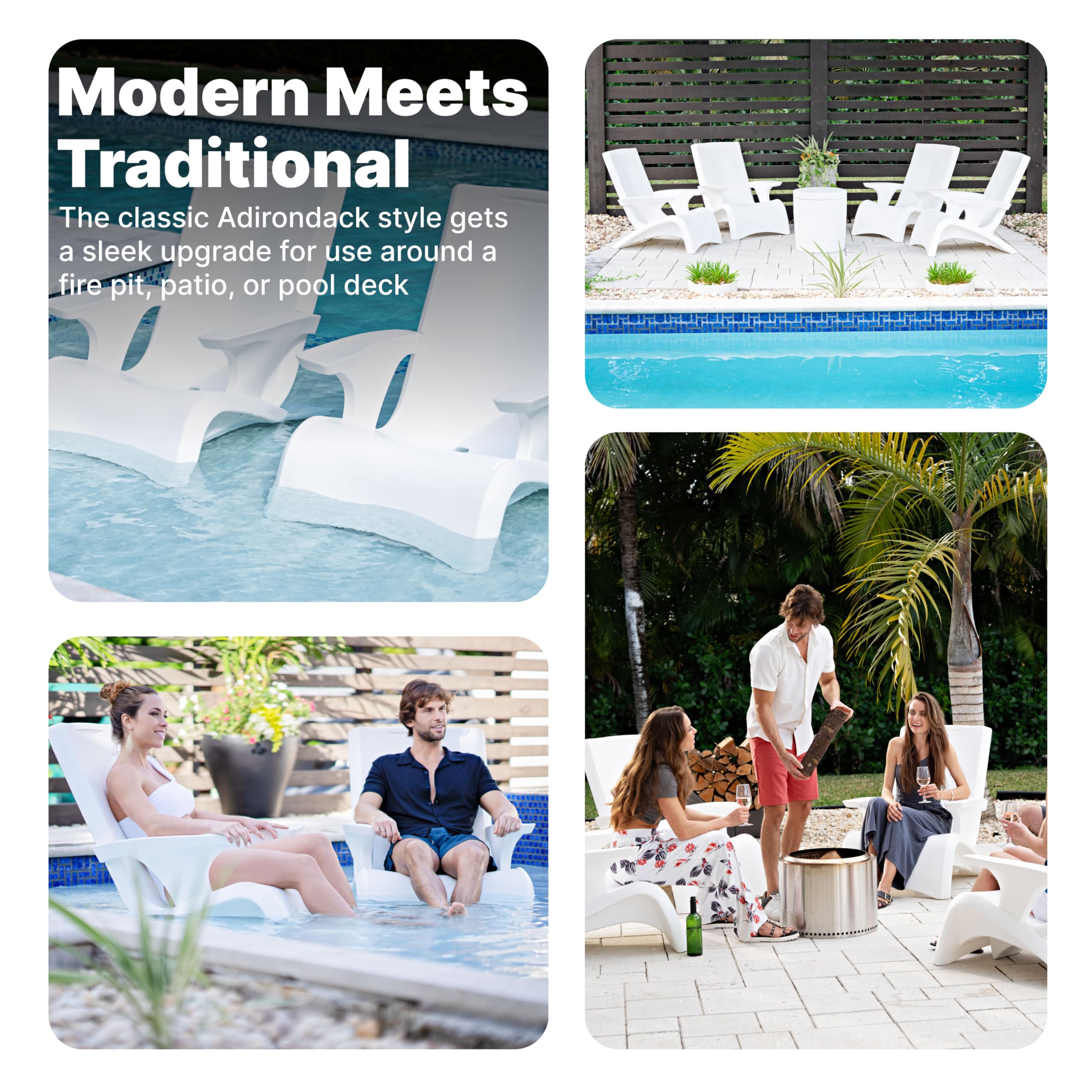 Vero Adirondack Chair Step2, Stylish Poolside Lounger, Fade-Resistant, Waterproof Patio Furniture for Sun Shelf, Use in Pools up to 9-Inches of Water, Weighted, White