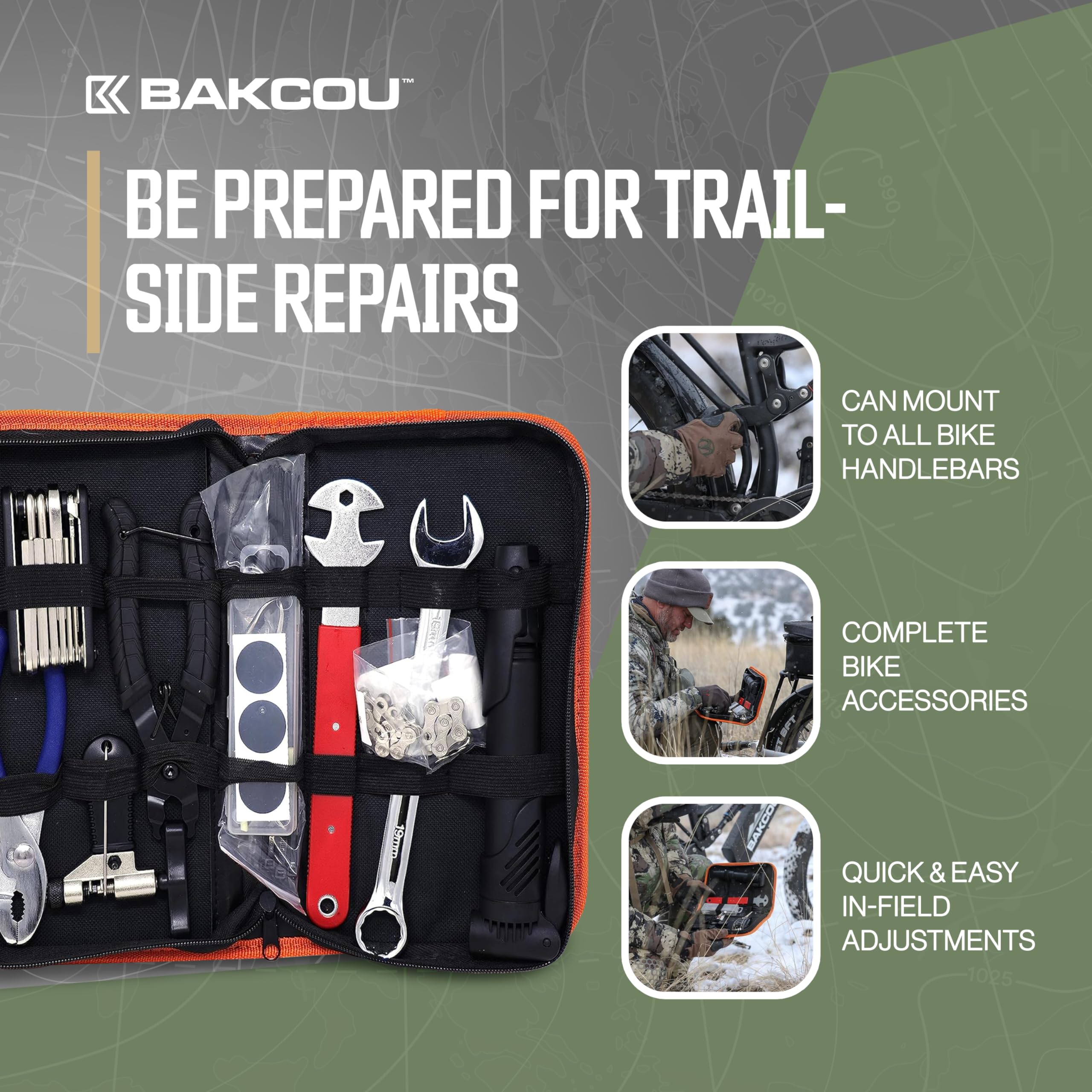 Trailside Bakcou Repair Kit - Portable eBike and Bicycle Repair Set, Chain Pliers, Multi-Tool, Pedal Wrench, Mini Pump, Tire Patches, Chain Breaker