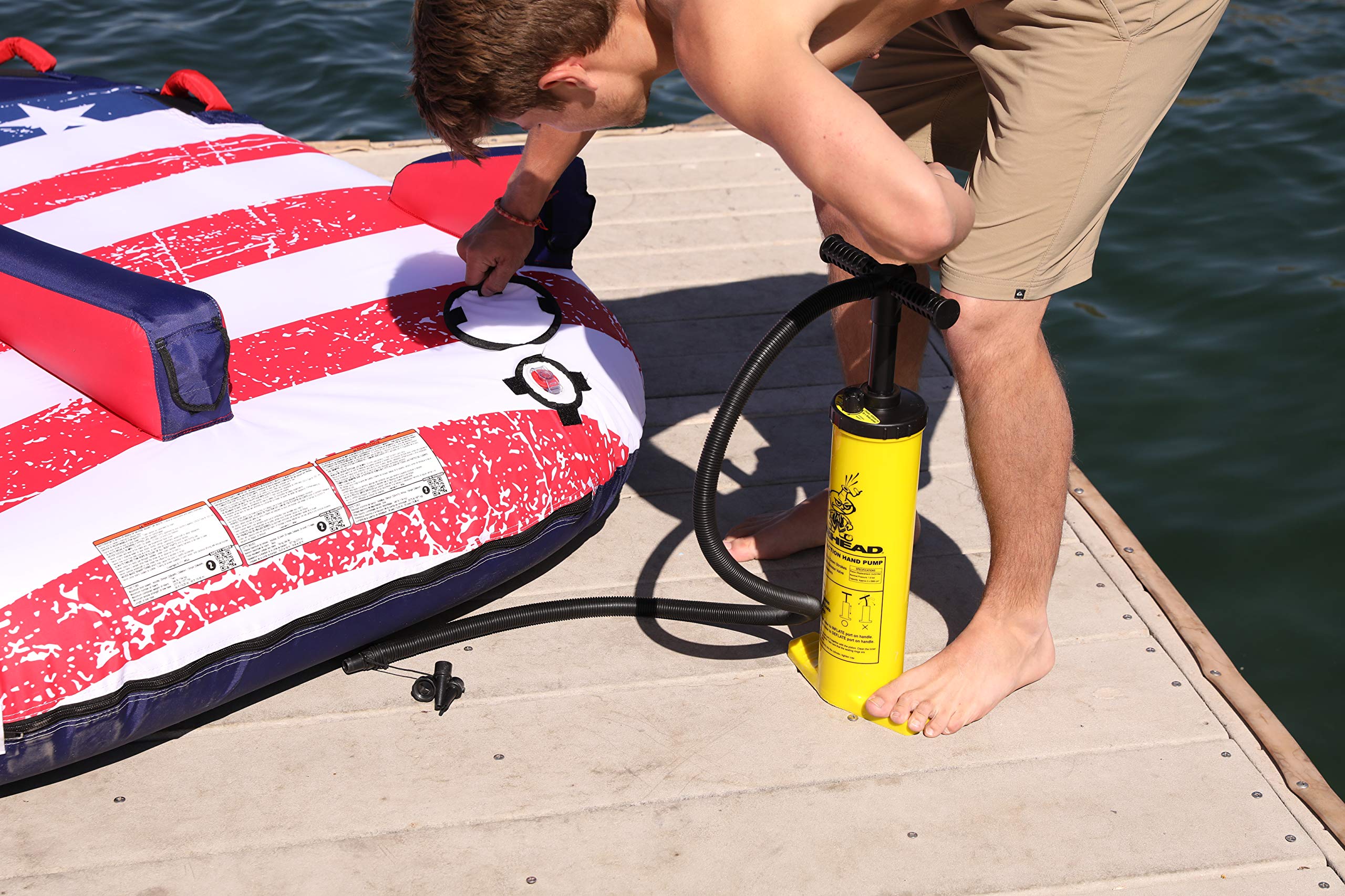 AIRHEAD Hand Pump Double Action – Manual Air Pump for Inflatables, Towables & Floats – Inflates on Up & Down Stroke – Up to 14 PSI – 5ft Locking Hose + 4 Valve Fittings