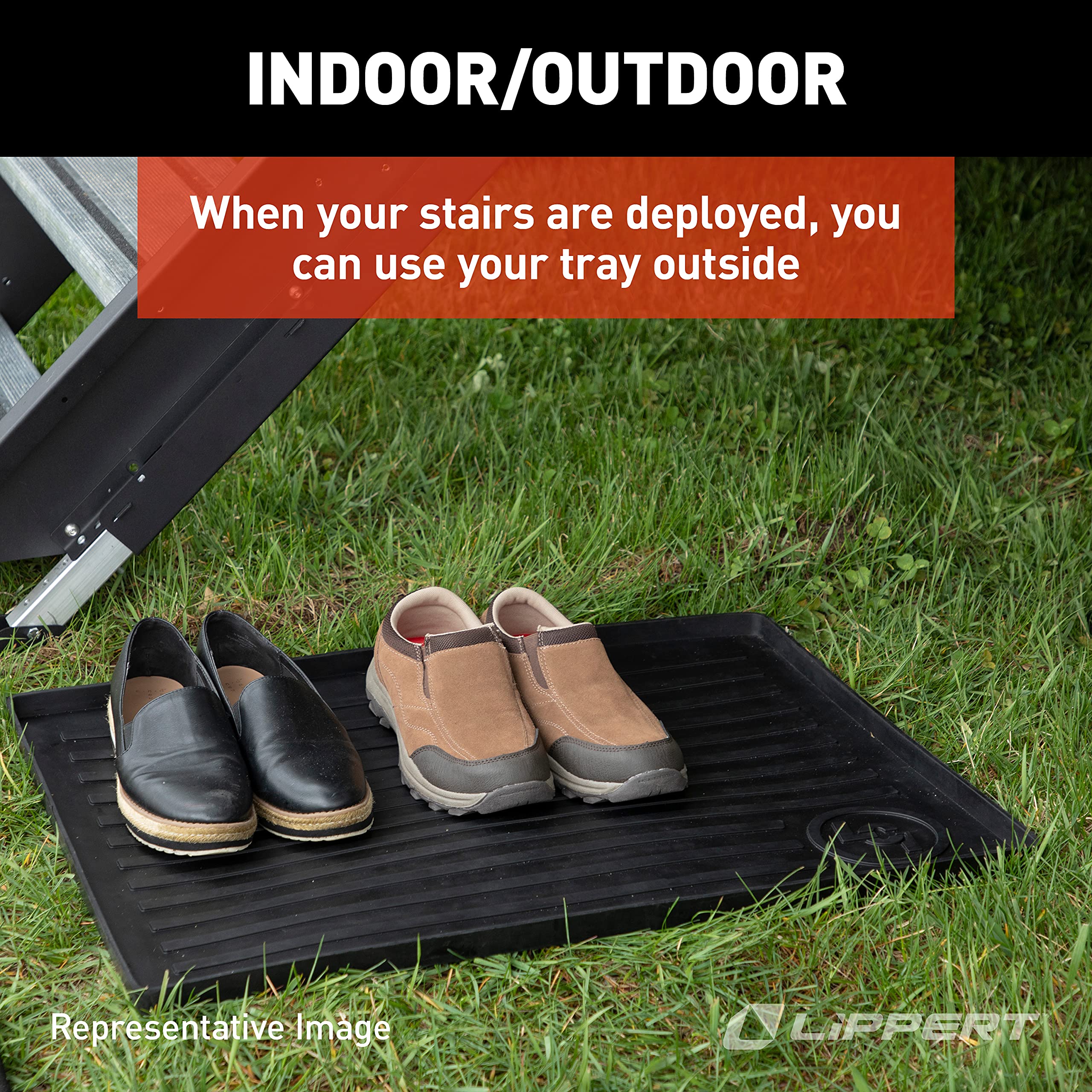 Lippert All-Weather Solid Step Entry Floor Tray, 28-1/4" W x 20" D, Heavy-Duty Recycled Rubber Mat for Indoor or Outdoor Door Entryway, for Shoes, Pet Dishes - 801380