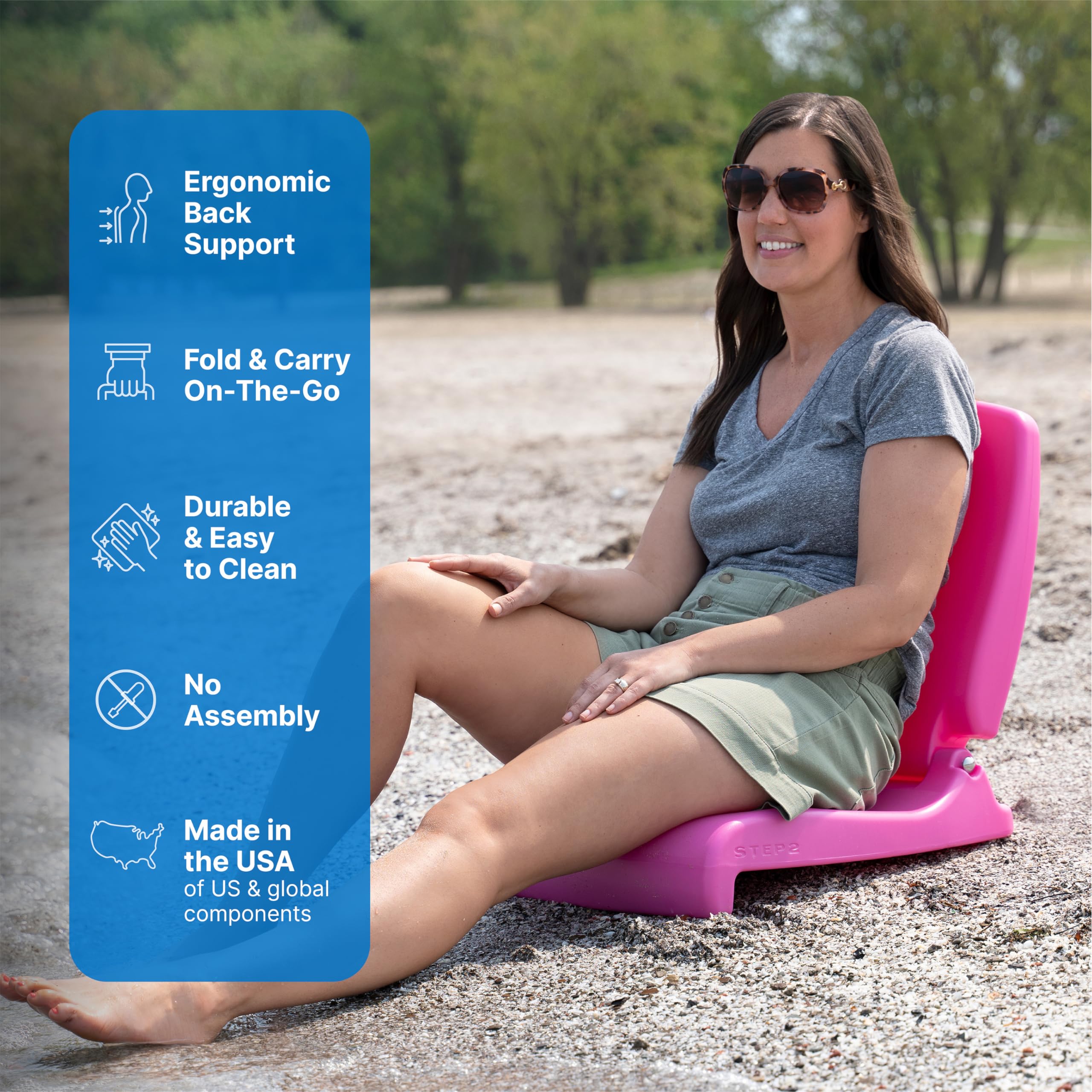 Step2 Flip Seat Folding, Lightweight Portable Outdoor Chair for Poolside, Camping, Beach, Boats, Tailgates, Durable Ground Chair with Back Support for Adults, Bright Pink