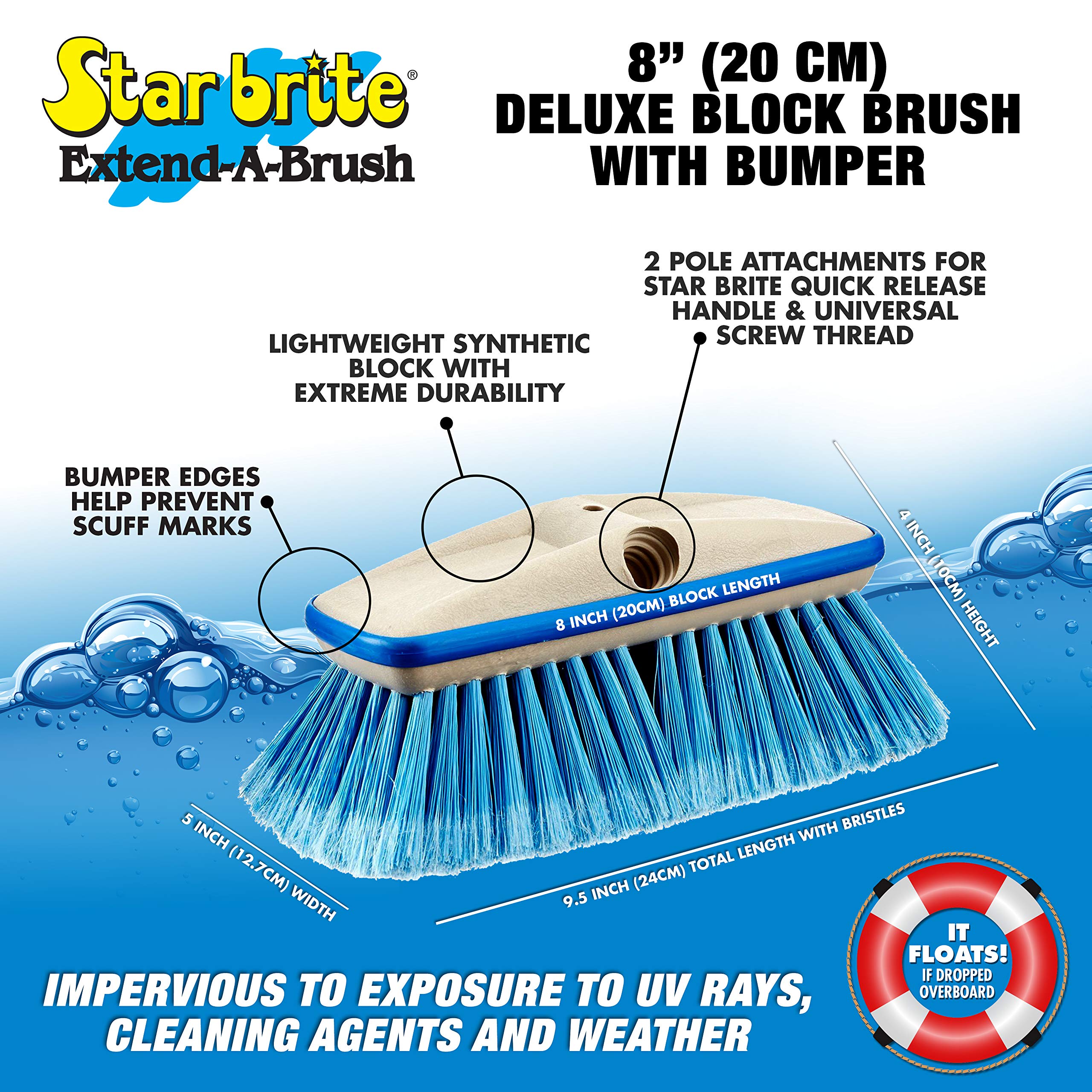 Premium Medium Wash STAR BRITE 8" Brush Head W/Bumper - Dual Connections Fit Either Standard 3/4" Threaded Poles or Extend-A-Brush Handles (Medium) (Blue) (040162)