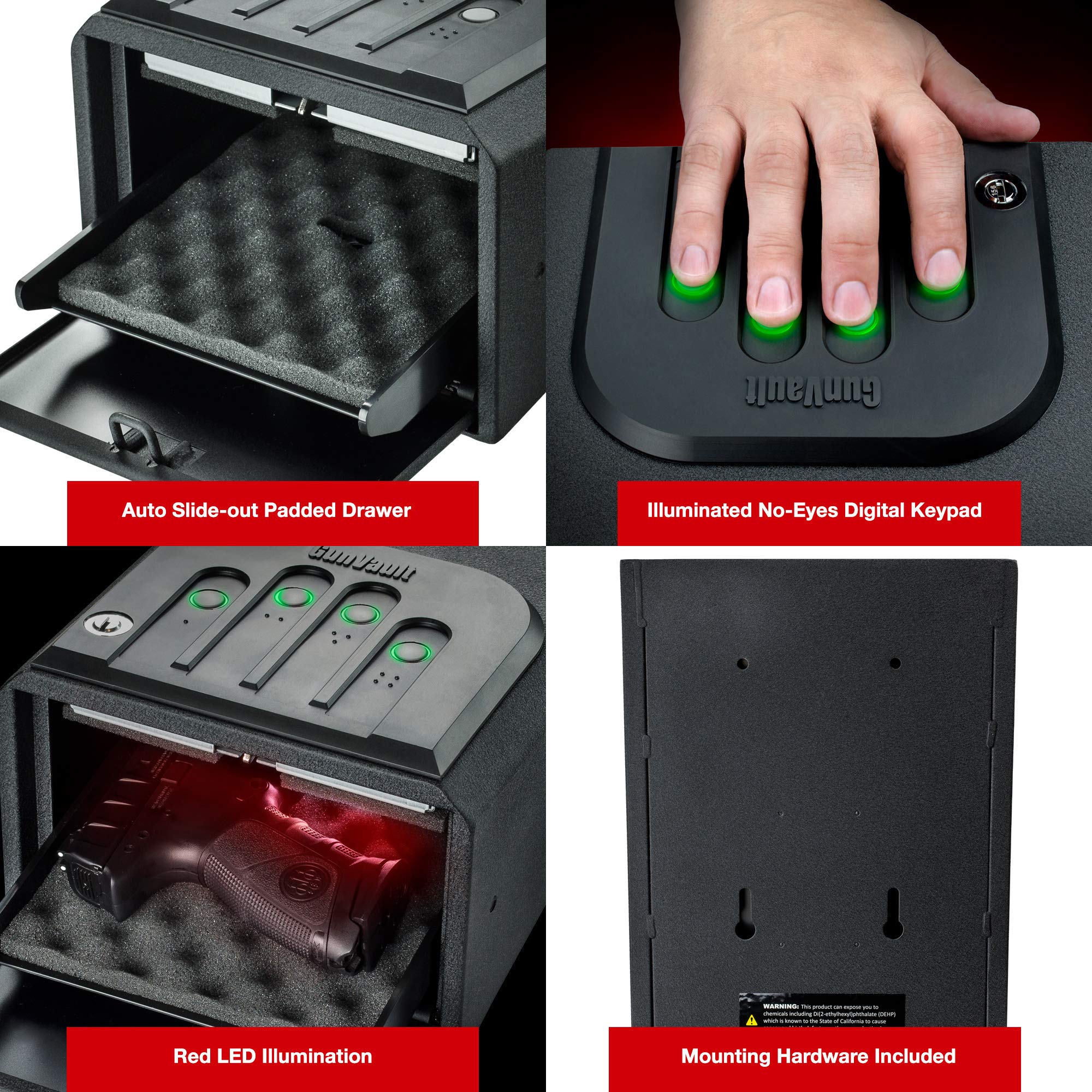 MiniVault GunVault - Quick Access Automatic Slide-Out Handgun Safe with Patented No-Eyes® Keypad (1 Pistol Capacity)