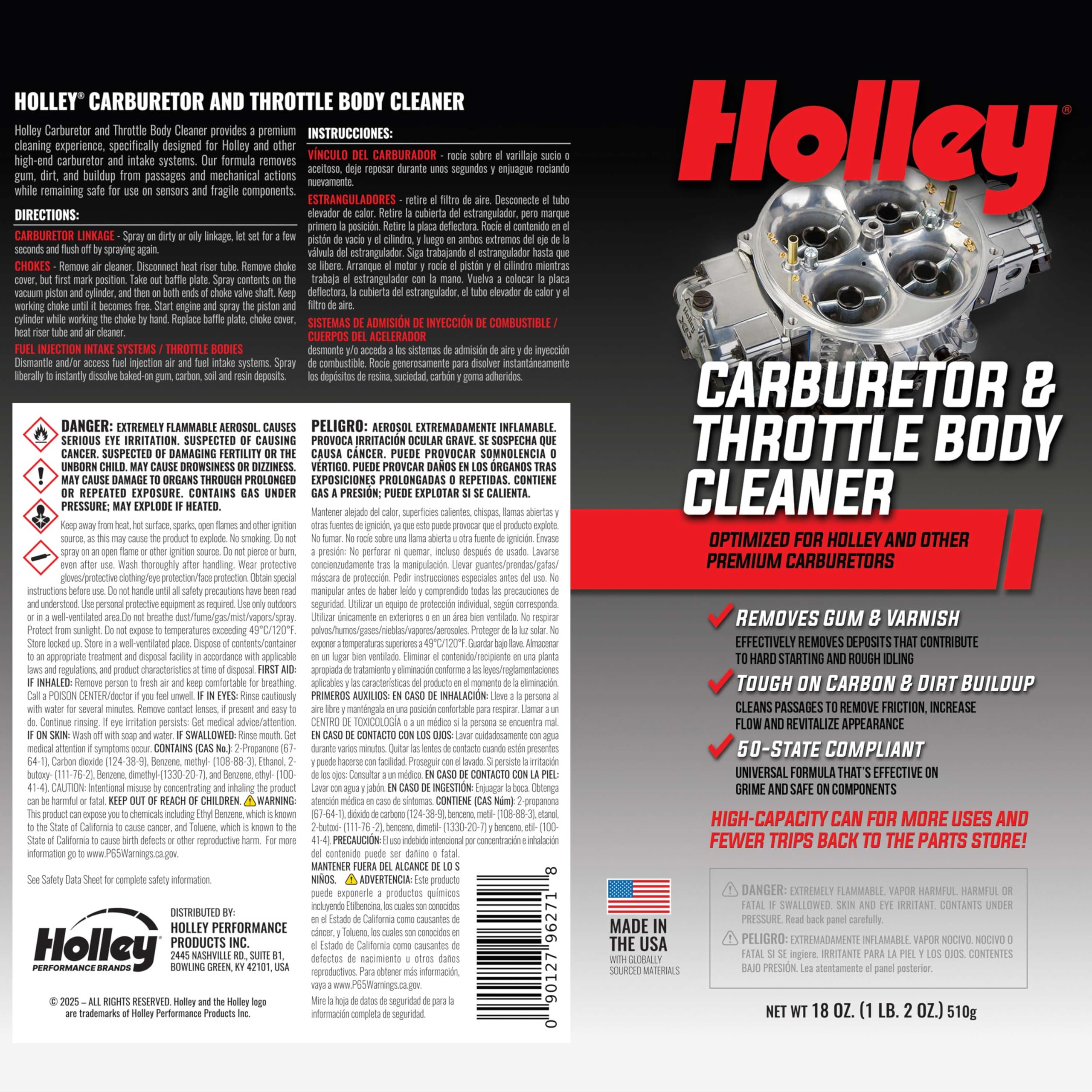 Throttle Body and Holley Carburetor Cleaner Spray, 18 oz Can - Removes Dirt, Gum, and Carbon Buildup Deposits, Degreaser - Including Carb Linkages, Plates, and Valves