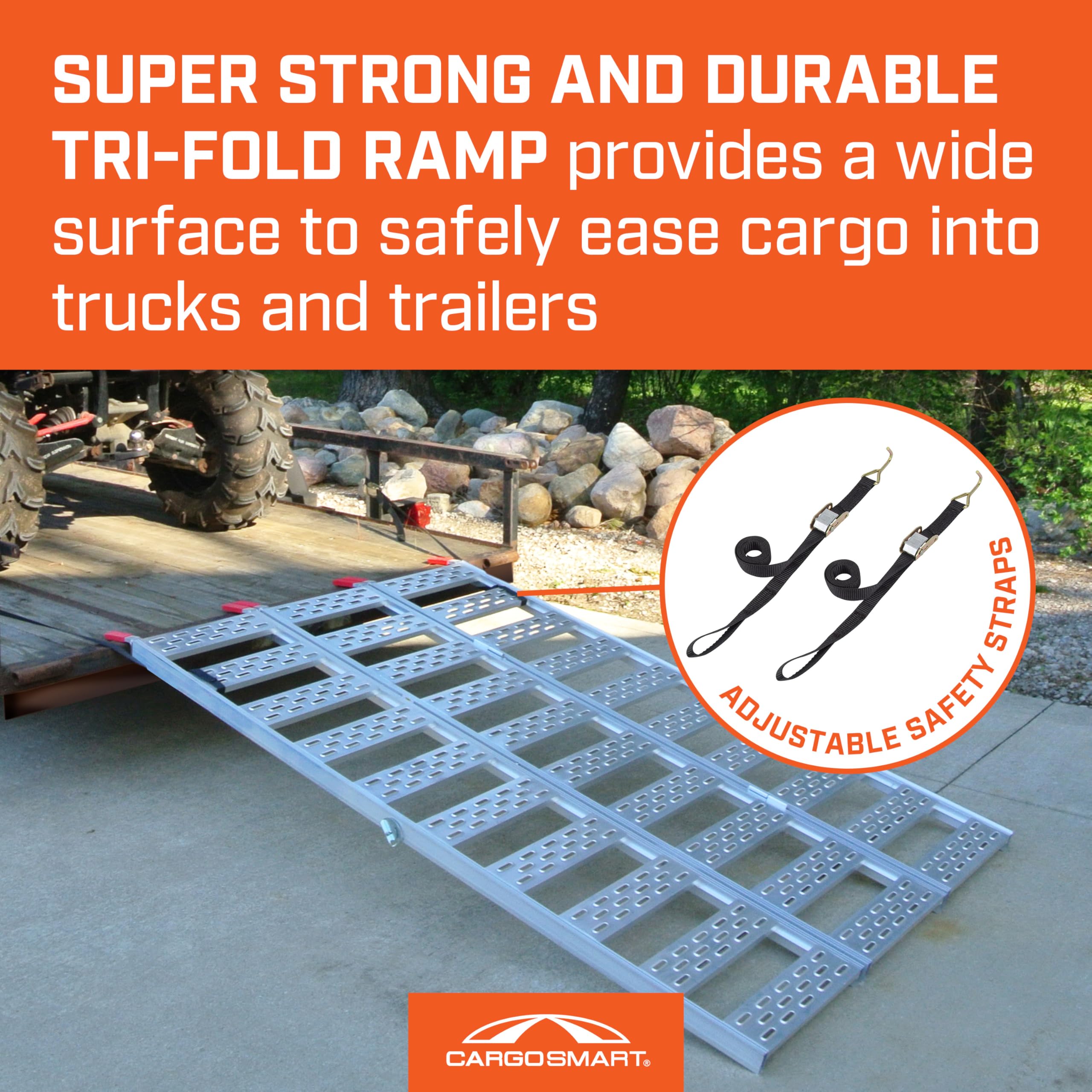 Tri-Fold CargoSmart Aluminum Ramp with Treads, 1 Pack — 1,500lb Capacity/500lb per Section, 50” W x 76” L — Safely and Easily Load or Unload Push Mowers, Garden Tillers, ATVs and More