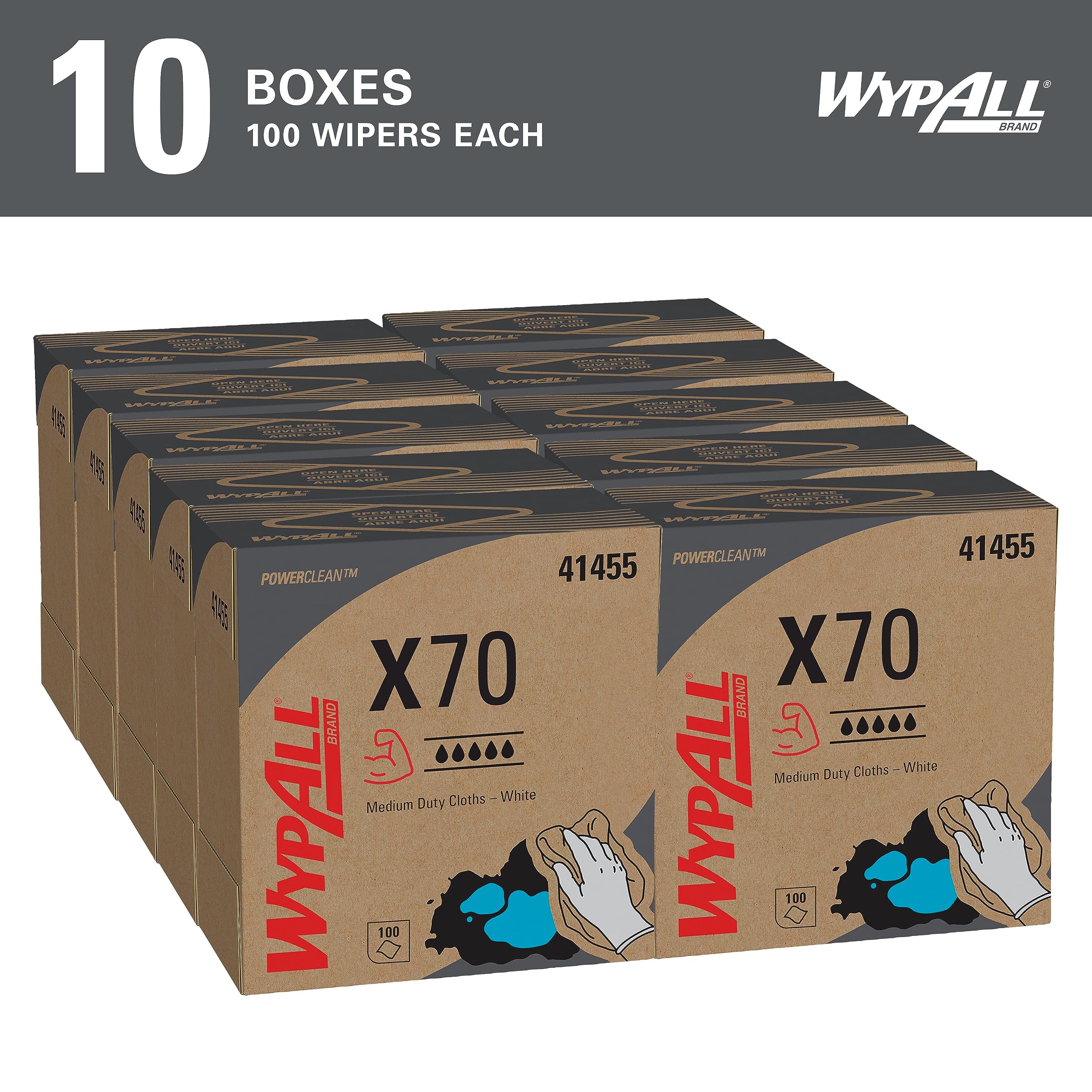 WypAll X70 Reusable Extended Use Cloths (41455), POP-UP Box, Long Lasting Performance, White (10 boxes of 100 wipes)