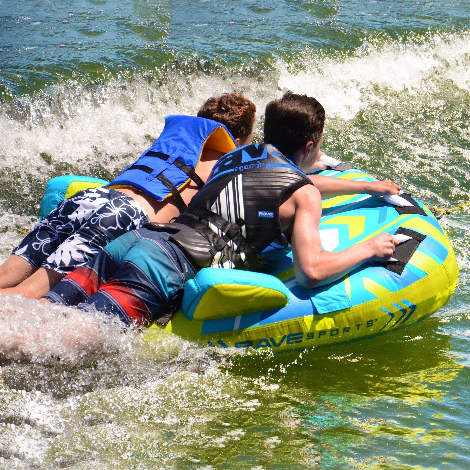 Cutter RAVE Sports Inflatable Towable Tube, 1-2 Riders, Leg Bumpers for Safety, Foam-Filled Reinforced Handles, Quick Connect Tow Point, Deep Water Boarding Strap, Boat Tubes and Towables