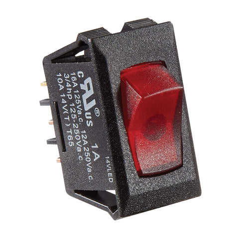 Rocker Switch RV Designer S247, 10 Amp, Illuminated On / Off, SPST, Black w/ Red, DC Electrical