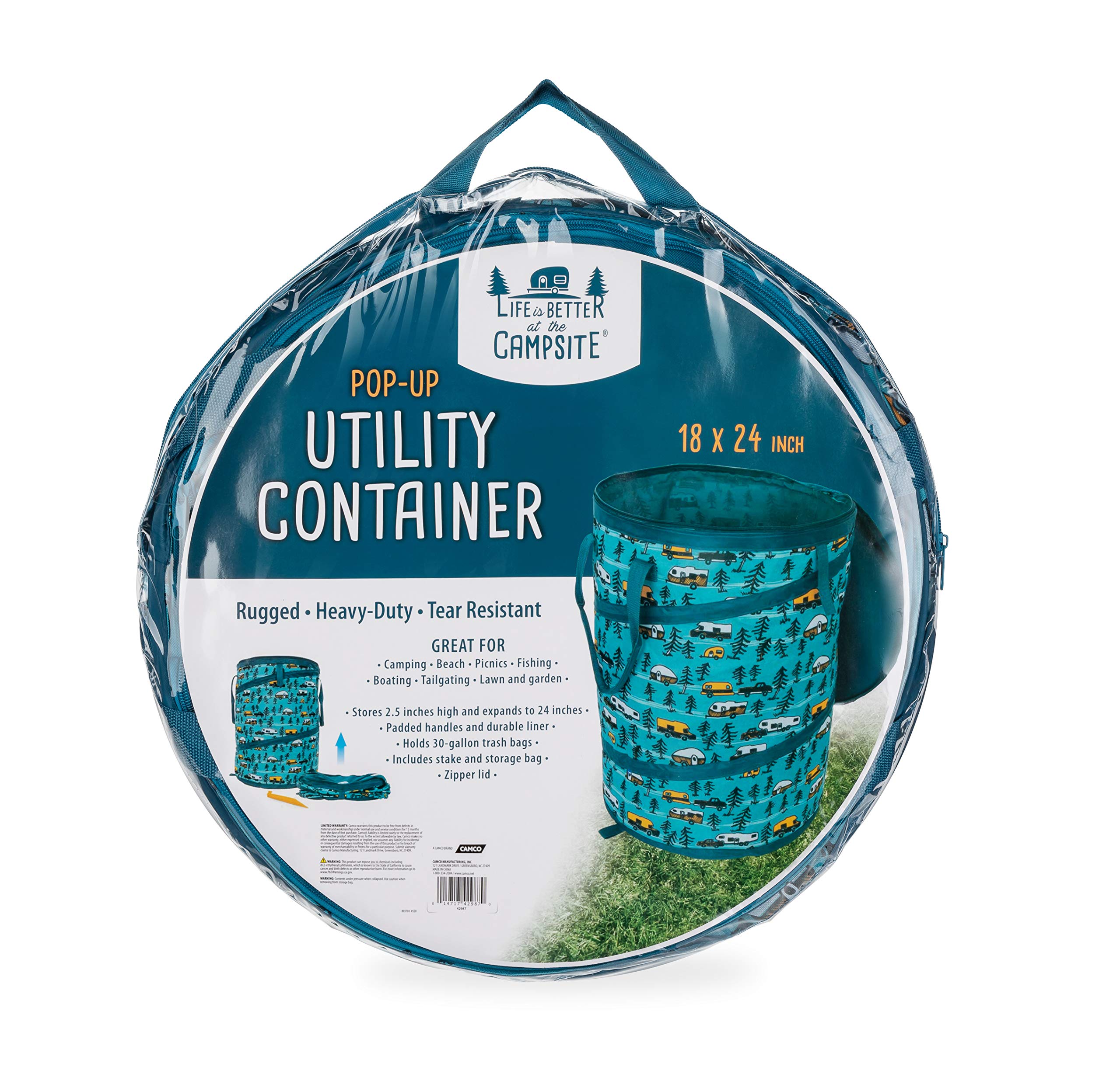 Camco Pop-Up Utility Container Life is Better at The Campsite - 18 x 24-inch - A Compact Size for Multi-Purpose Use - Sketched RVs and Trees Pattern (42987)