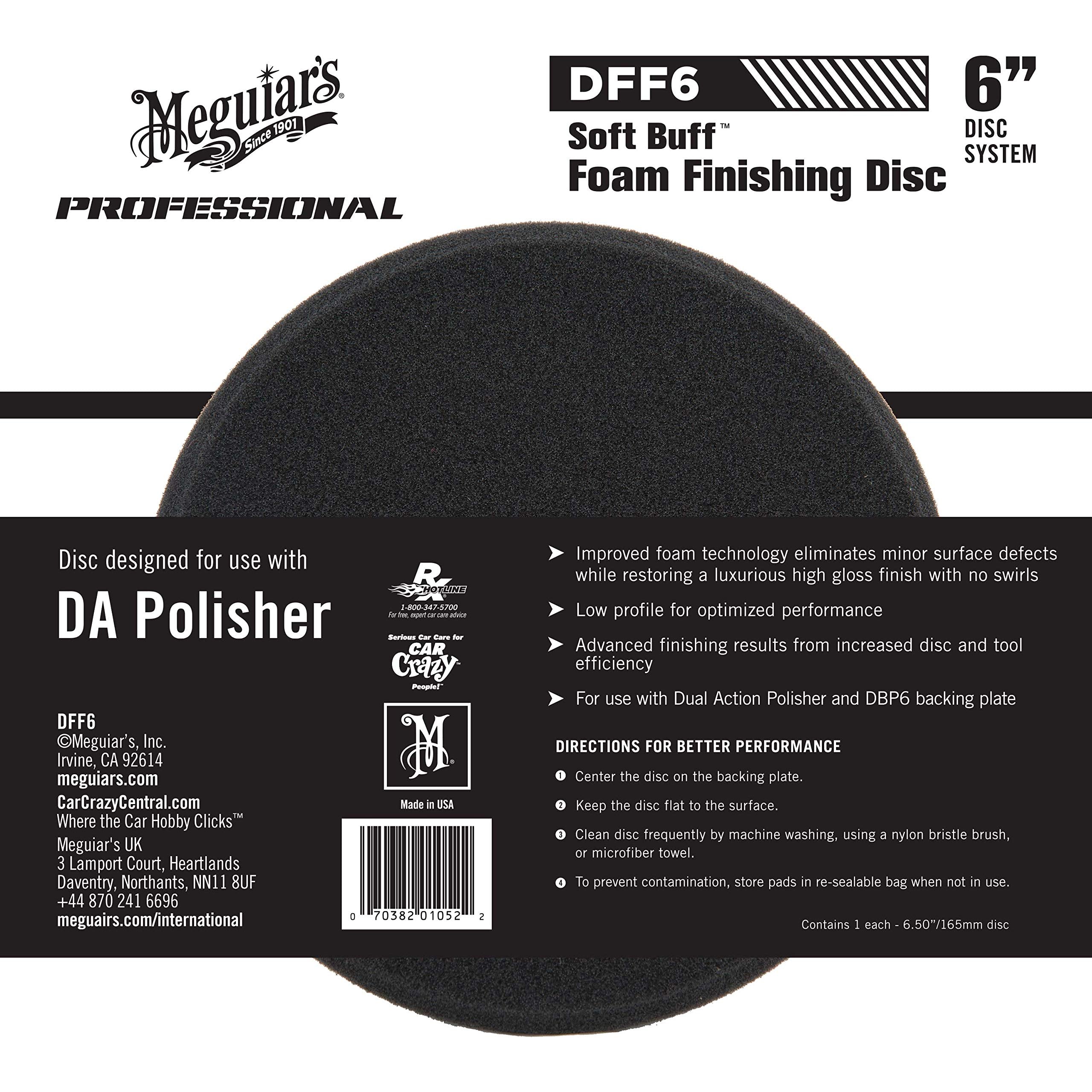 6" Meguiar's Soft Buff Da Foam Finishing Disc DFF6 - Hook and Loop Foam DA Polisher Finishing Pad for Applying Waxes and Sealants - For use with 6" DA Backing Plate and DA Polisher, 1 Disc