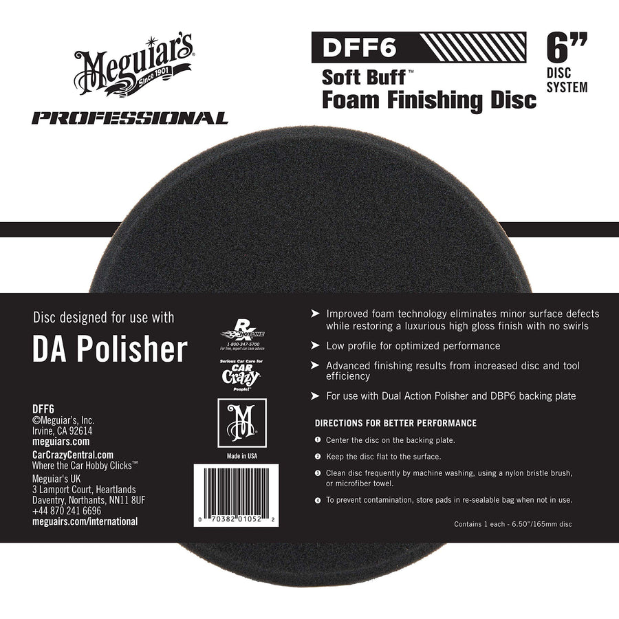 6" Meguiar's Soft Buff Da Foam Finishing Disc DFF6 - Hook and Loop Foam DA Polisher Finishing Pad for Applying Waxes and Sealants - For use with 6" DA Backing Plate and DA Polisher, 1 Disc