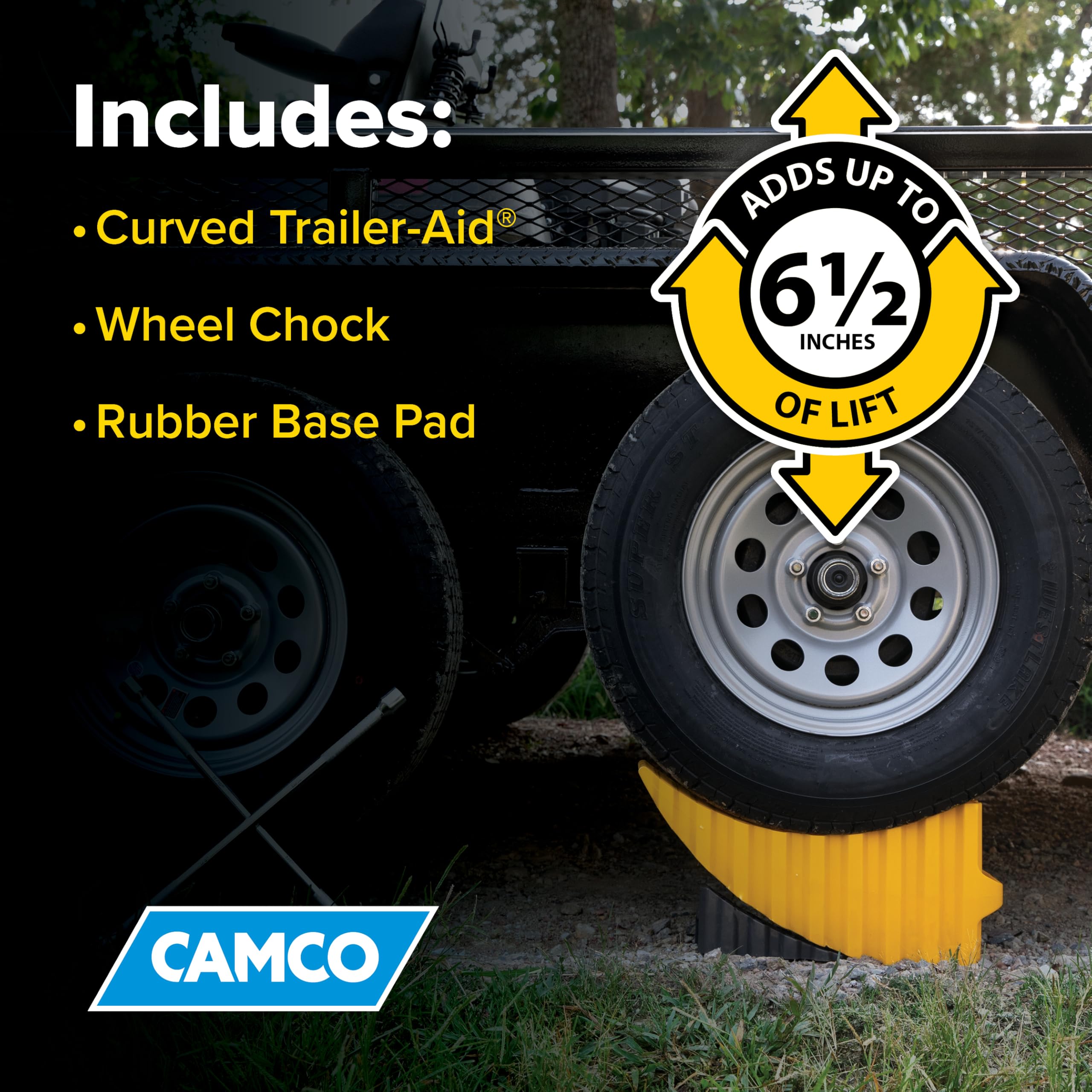 Camco Curved Camper/RV Trailer Aid - Features 6.5" of Lift & Includes Wheel Chock and Rubber Base Pad - Designed for Trailers Up to 20,000lbs & Compatible w/ Tires Up to 32" (44436)