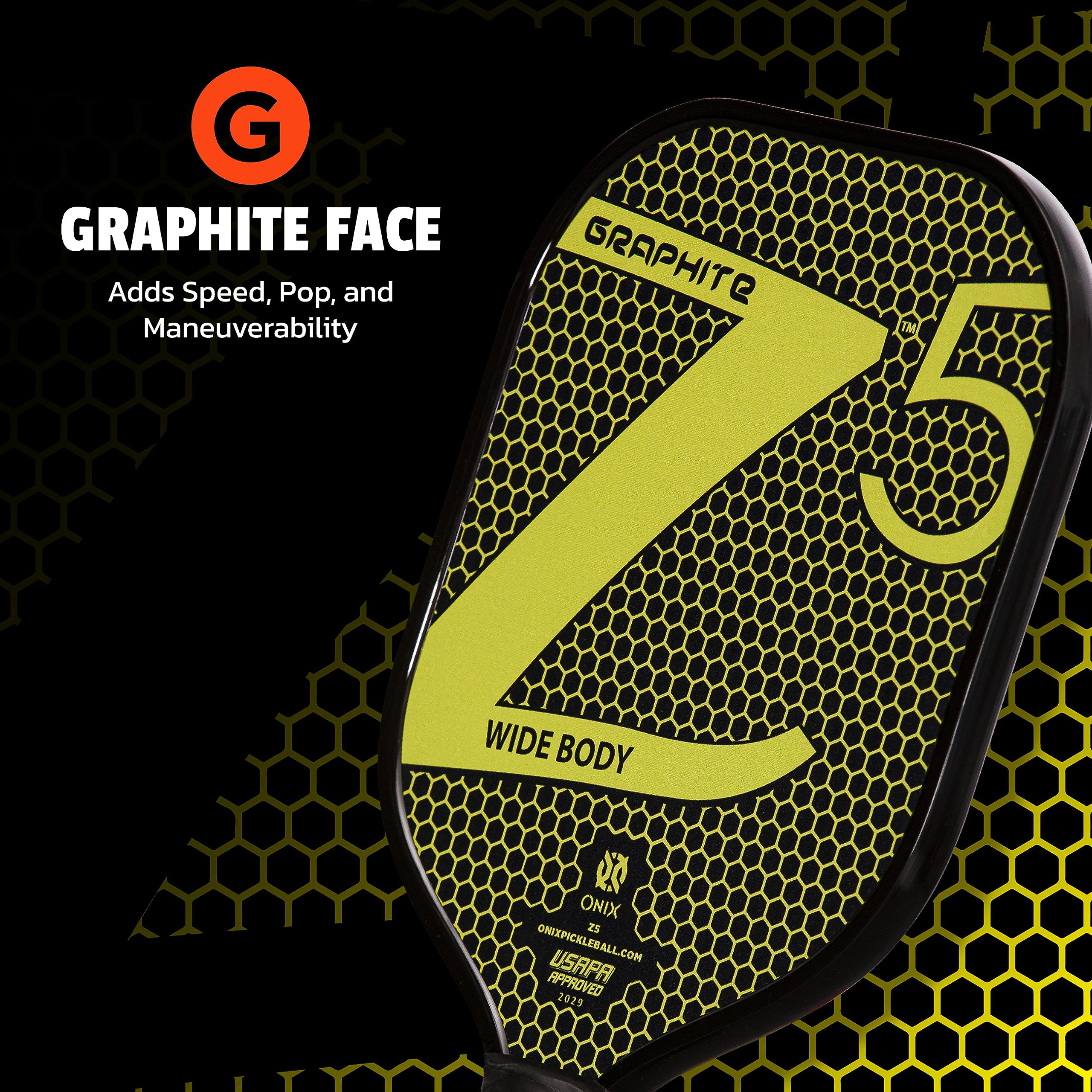 Graphite ONIX Z5 Pickleball Paddle (Graphite Carbon Fiber Face with Rough Texture Surface, Cushion Comfort Grip and Nomex Honeycomb Core for Touch, Control, and Power),Yellow