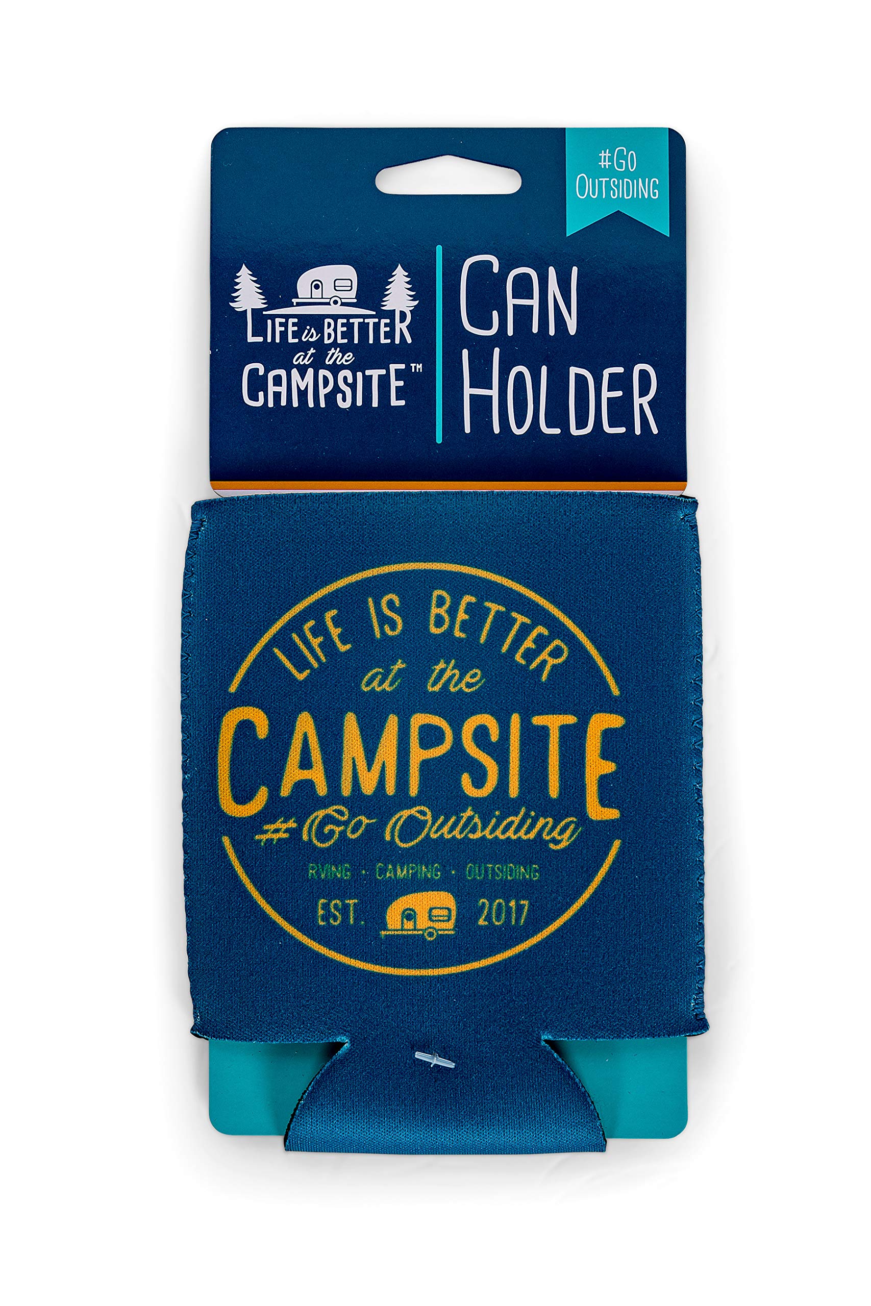 Camco Sleeve Life is Better at The Campsite – Neoprene Soda or Beer Coolie, Fits 12 oz. Cans, Navy Blue and Gold Seal – (53247)