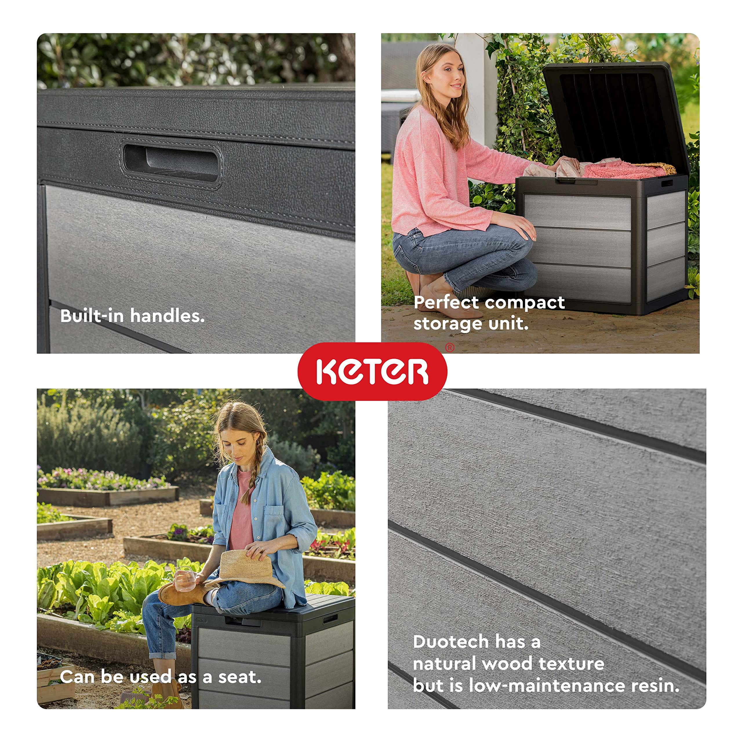 Keter 30 Gallon Denali Resin Outdoor Storage Box and Patio Furniture Side Table for Pool and Garden Accessories, Grey & Black
