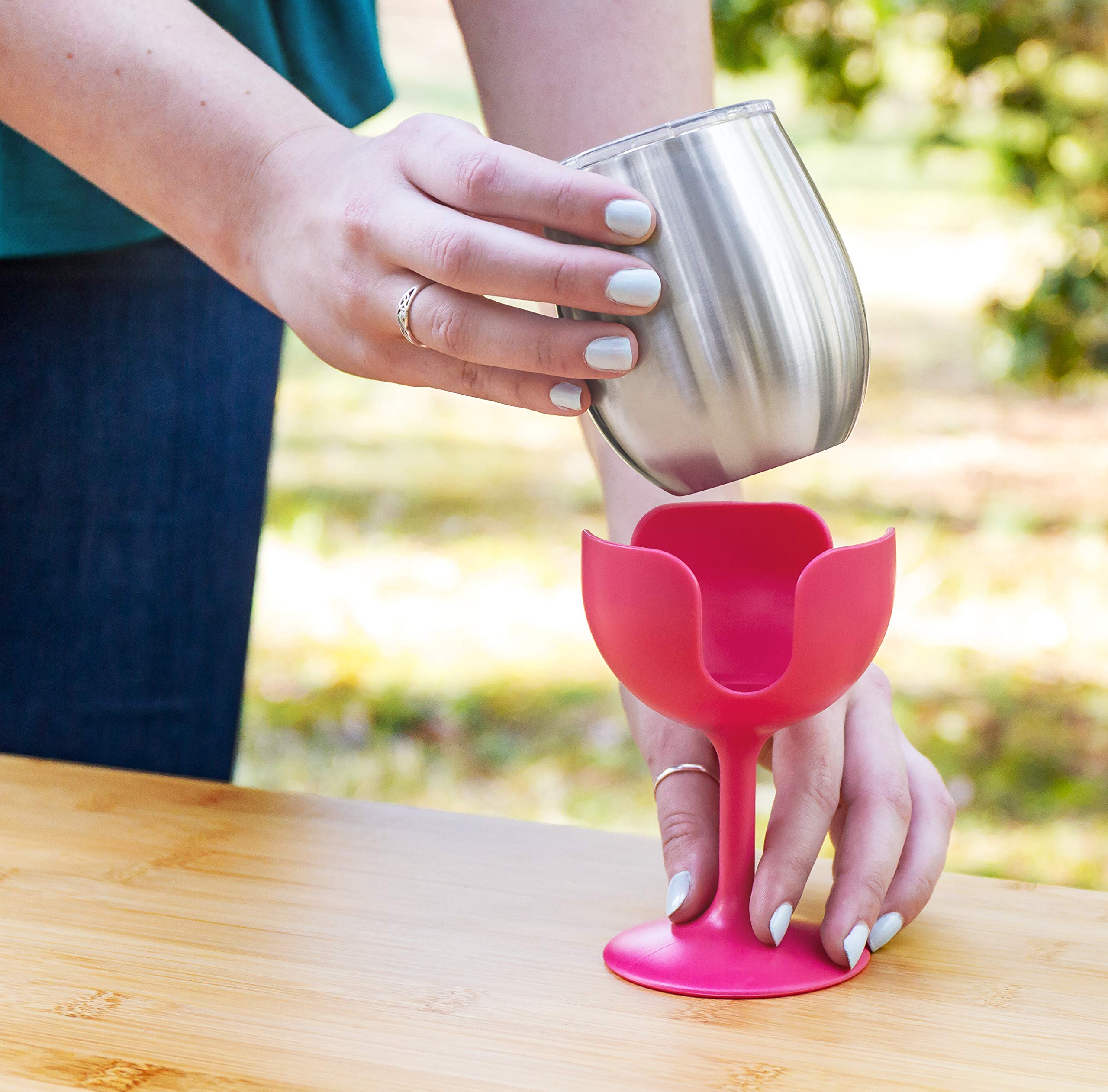 Camco Wine Tumbler Life is Better at The Campsite | Heavy Duty Double Wall Vacuum Insulation | Crafted of 18/8 Stainless Steel | Removable Green, Yellow, Blue & Pink Stems | 4-Pk, 8-oz/Each (53068)
