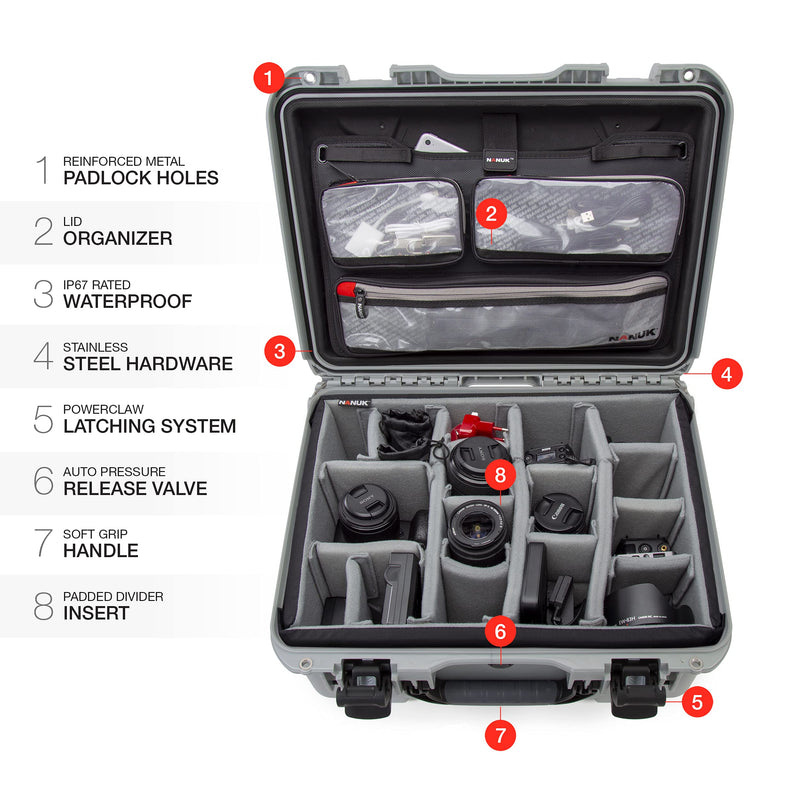 Waterproof Nanuk 933 Hard Case with Lid Organizer and Padded Divider - Silver