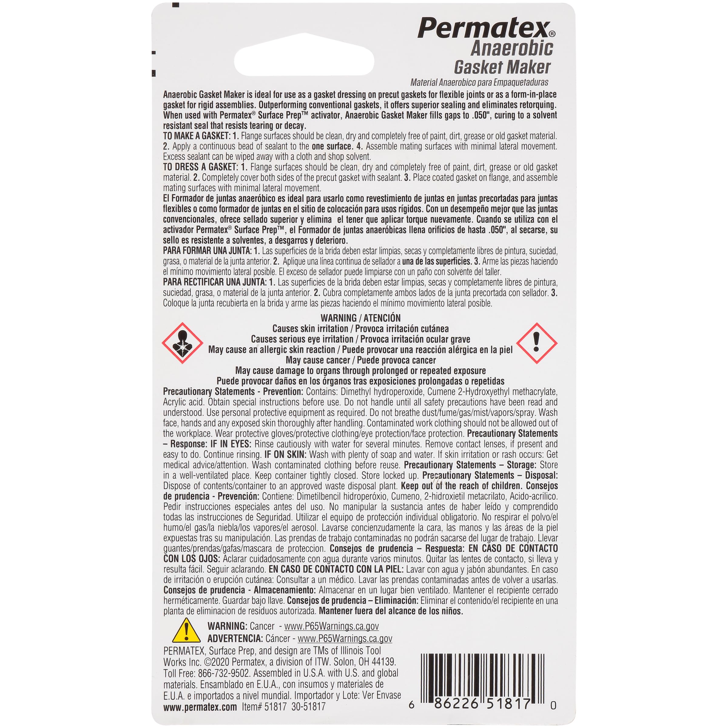 Anaerobic Permatex 51817 6ml Red Gasket Maker Tube with 1.13 Specific Gravity