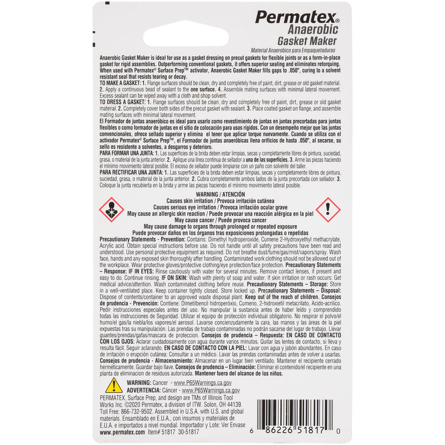 Anaerobic Permatex 51817 6ml Red Gasket Maker Tube with 1.13 Specific Gravity