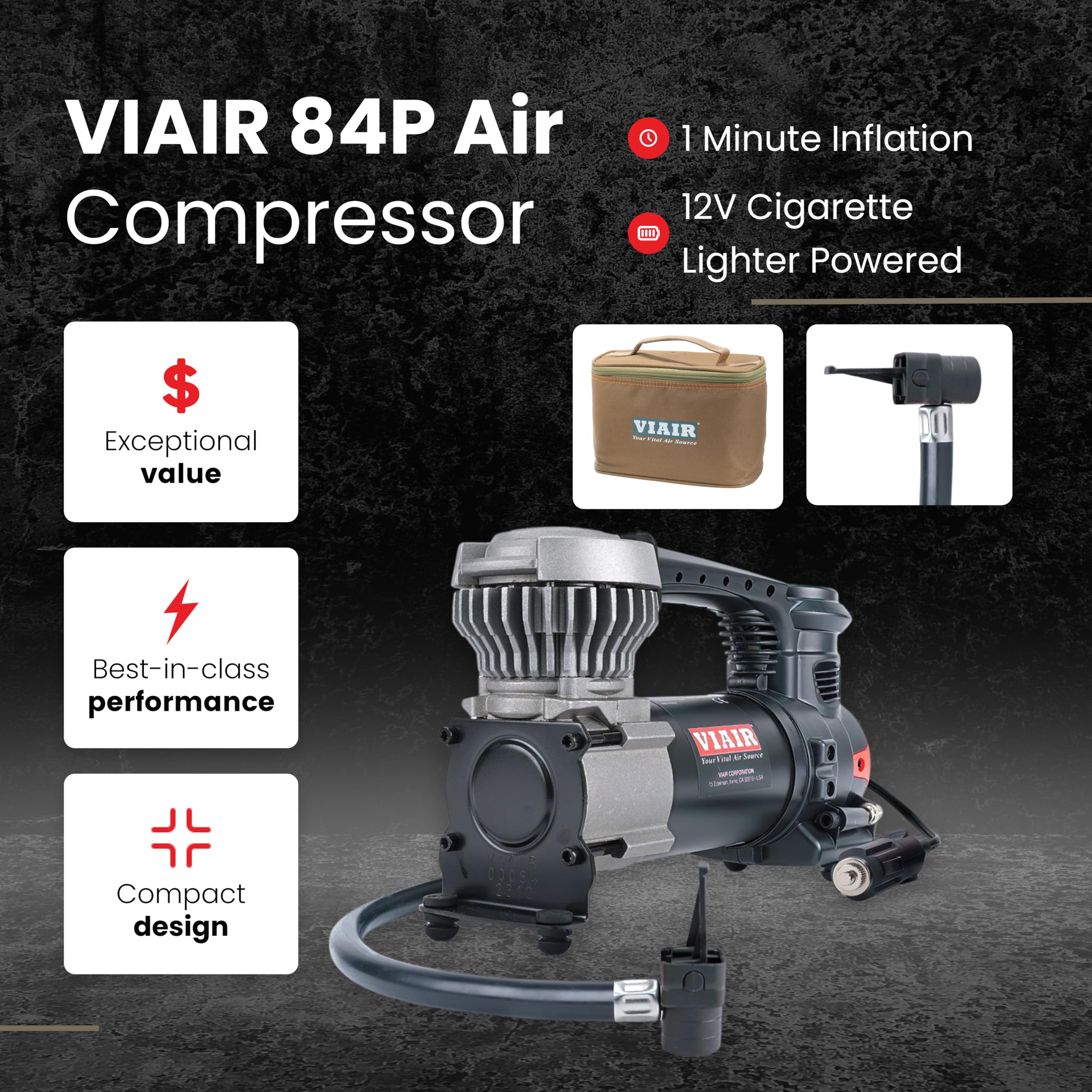 Tire Inflator VIAIR 85P - Portable Air Compressor for Car, Truck & SUV 12V On/Offroad Tire Pump Air Compressor Heavy Duty 60 PSI, Cigarette Plug, Twist Chuck