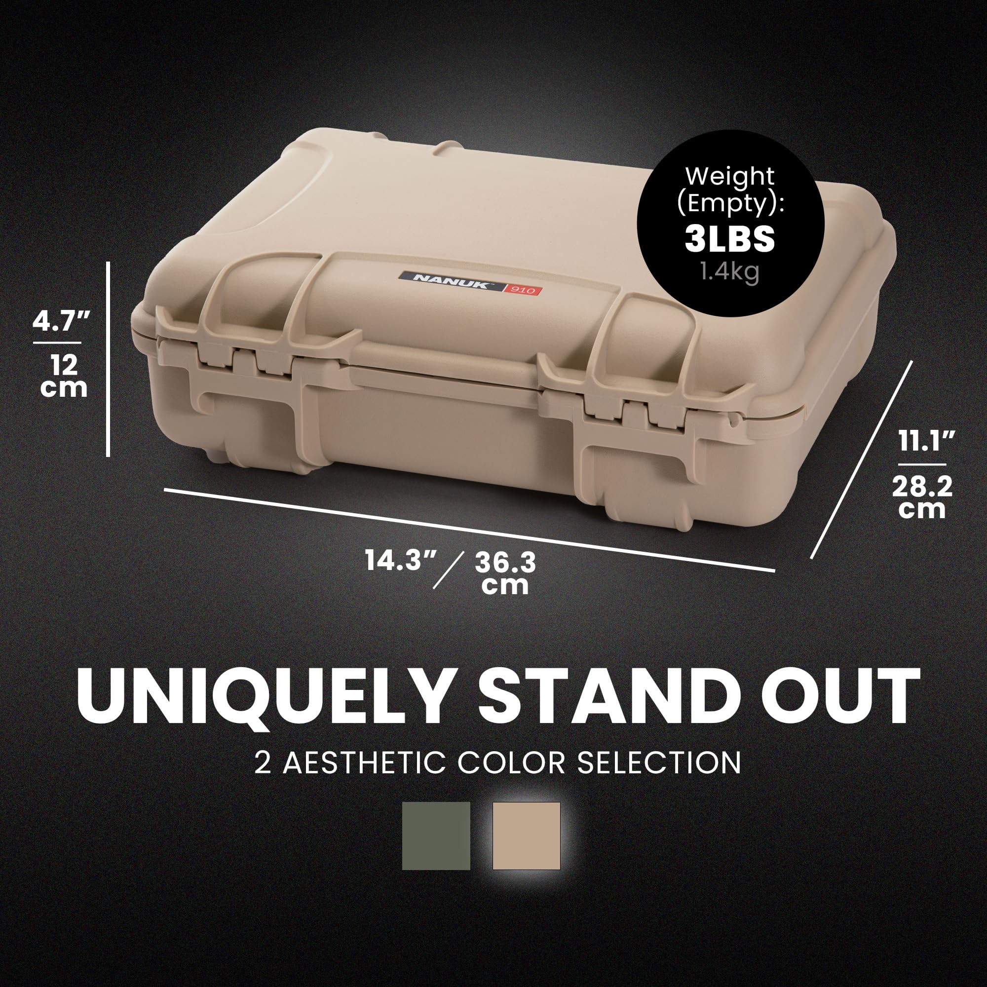 Hard Case NANUK 910 with Customizable Cubed Foam, IP67 Waterproof & Crushproof, Rugged Construction for Ultimate Protection, Made in North America – Tan (14.3” x 11.1” x 4.7”)