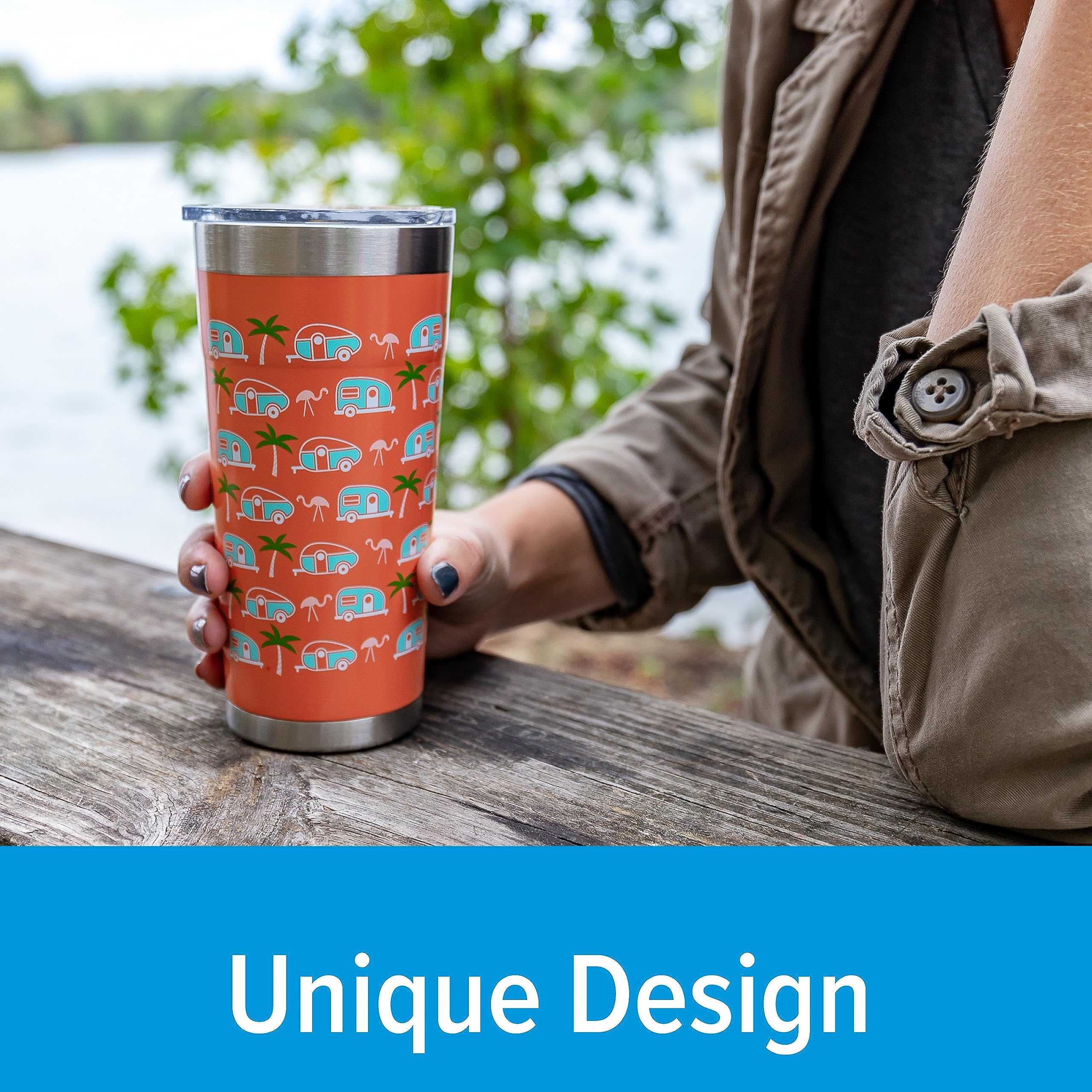 Camco Wrapped Stainless Steel Tumbler Life is Better at The Campsite - Features Double Wall Vacuum Insulation for Heat/Ice Retention & Unique Palm Tree Design - Holds 20 oz. (53322)