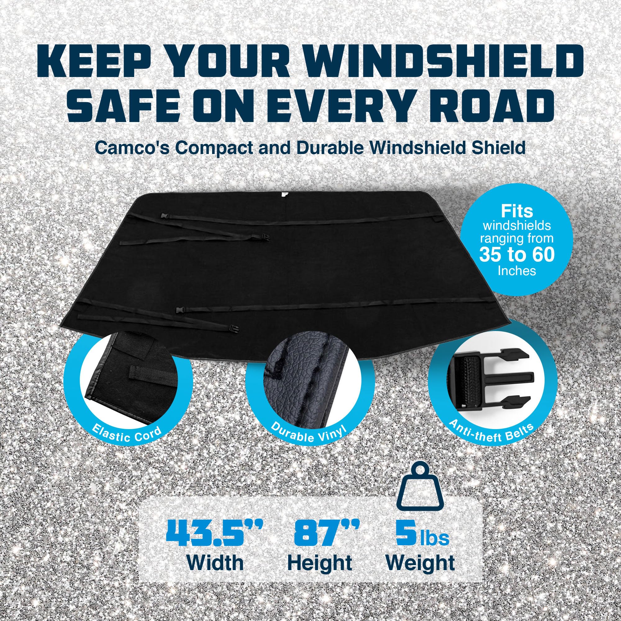 Camco Compact Durable Universal On the Go Vinyl RV Tow Car Windshield Protector from Chips and Cracks with Tool Free Installation, Black