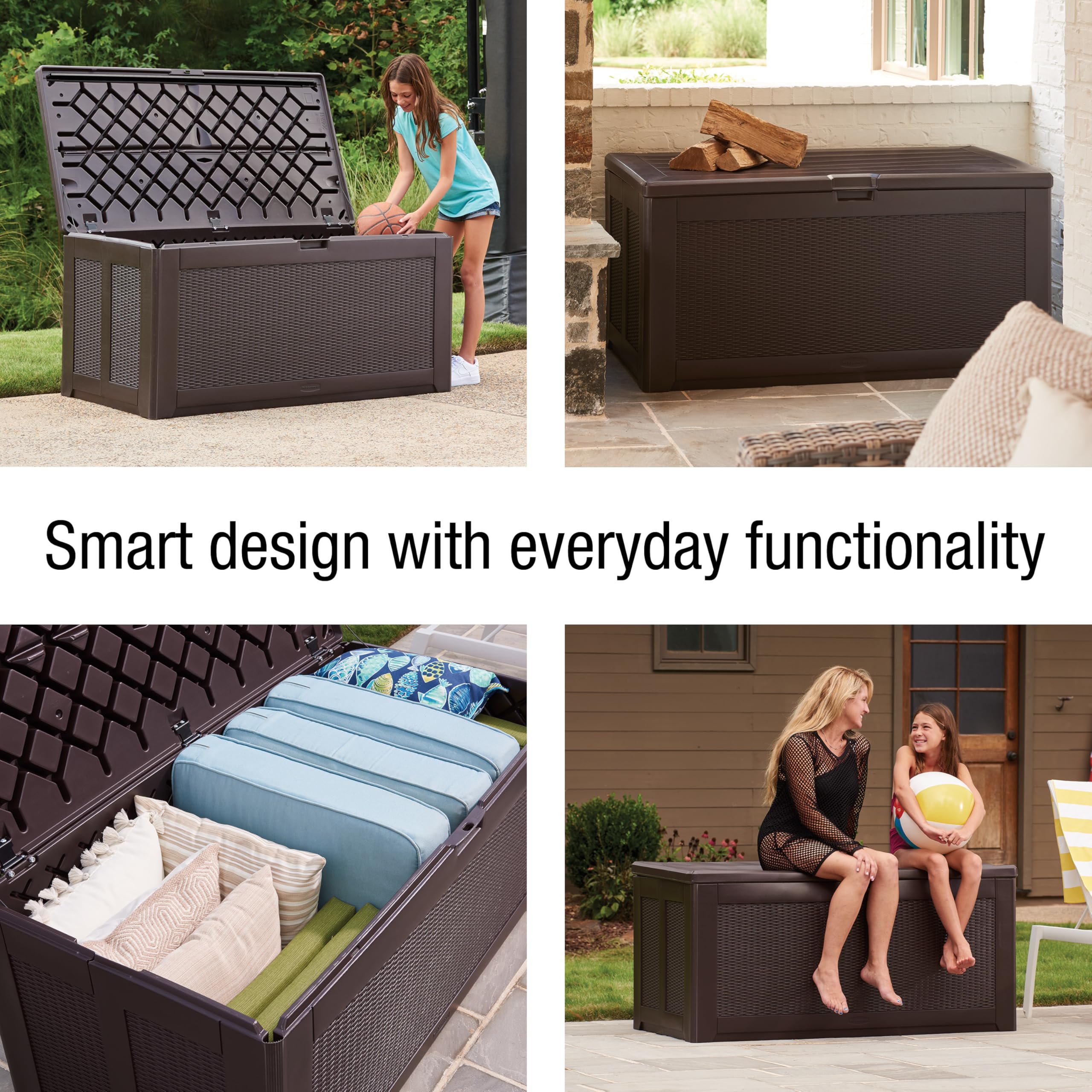 Rubbermaid Outdoor Storage Extra Large Deck Box (134 Gal), Weather Resistant, Brown, Deck Organization for Home/Backyard/Pool Chemicals/Toys/Garden Tools/Porch/Patio Cushions