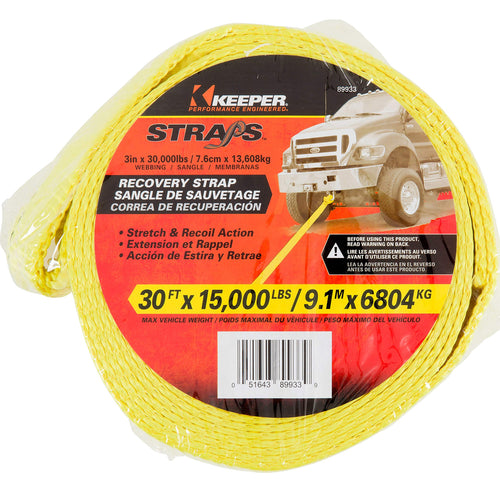 Tow Straps KEEPER Heavy Duty with Loops - 3" x 30' Recovery Strap, 30,000 lbs Break Strength - Towing Rope for Trucks, Off-Road Vehicles, and SUVs
