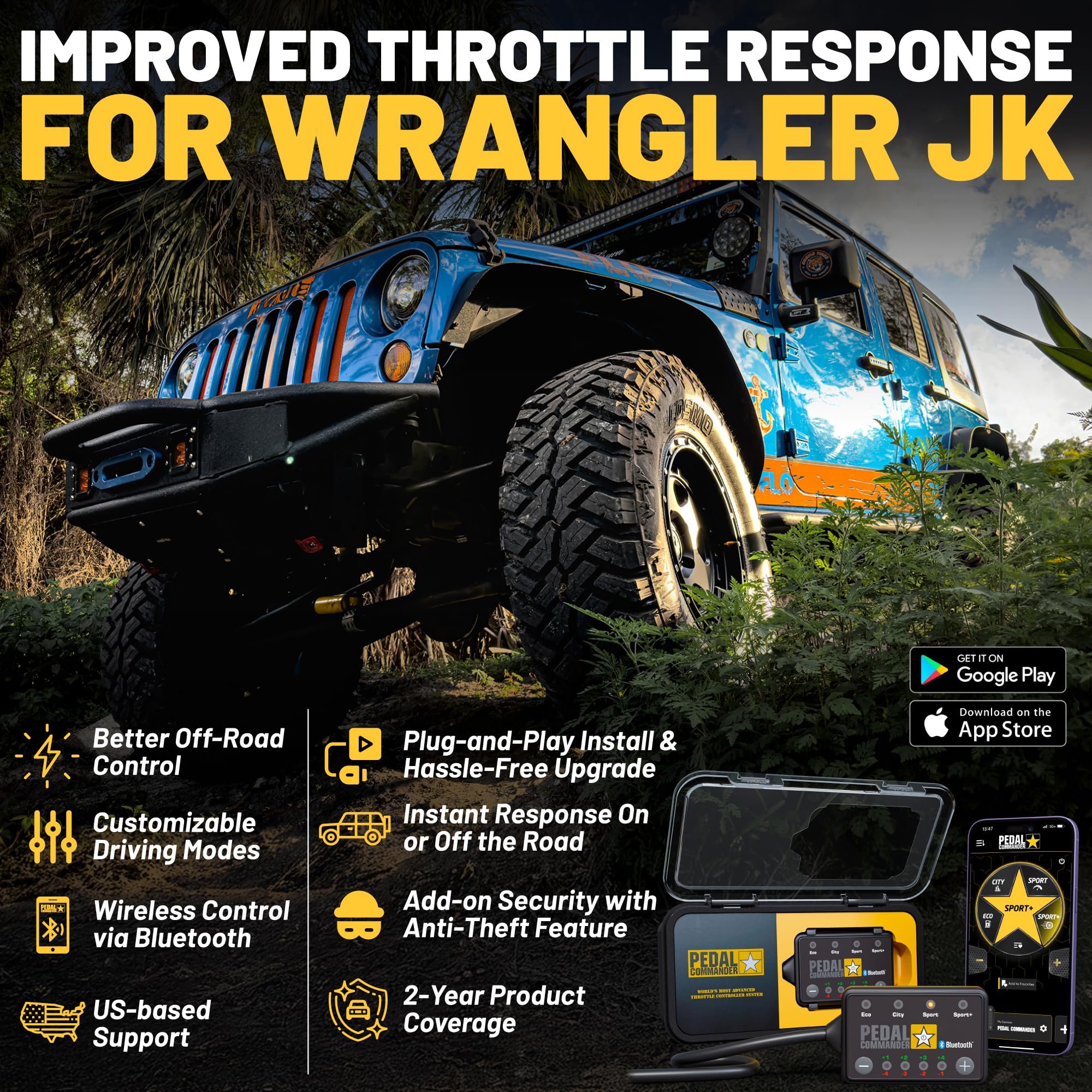 Throttle Response Controller PEDAL COMMANDER for Jeep Wrangler JK 2006-2018 - Plug-and-Play Upgrade, App Control, Throttle Controller Off-Road Performance Mods Jeep Wrangler Accessories