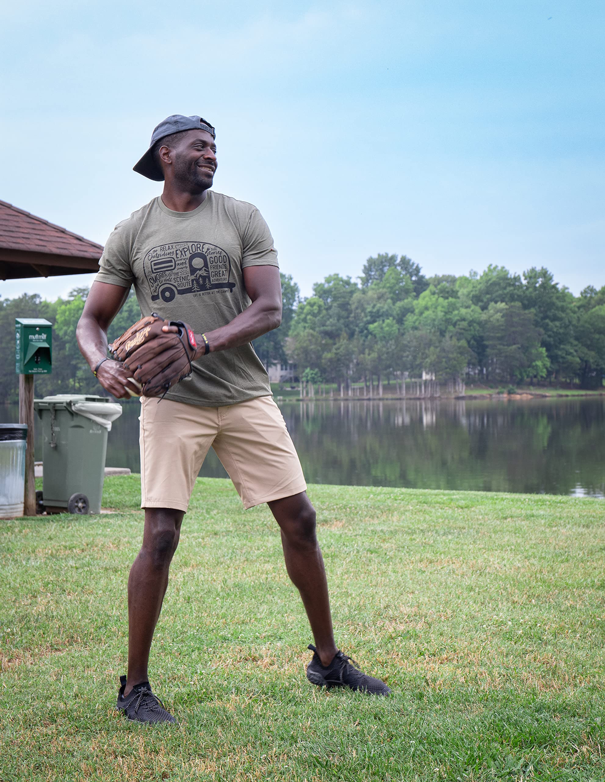 Camco Crew Neck Life is Better at The Campsite Short Sleeve T-Shirt | Features Soft Ring-Spun Cotton Fabric, Graffiti RV Design on Olive, and is Machine Washable | Large (53342)