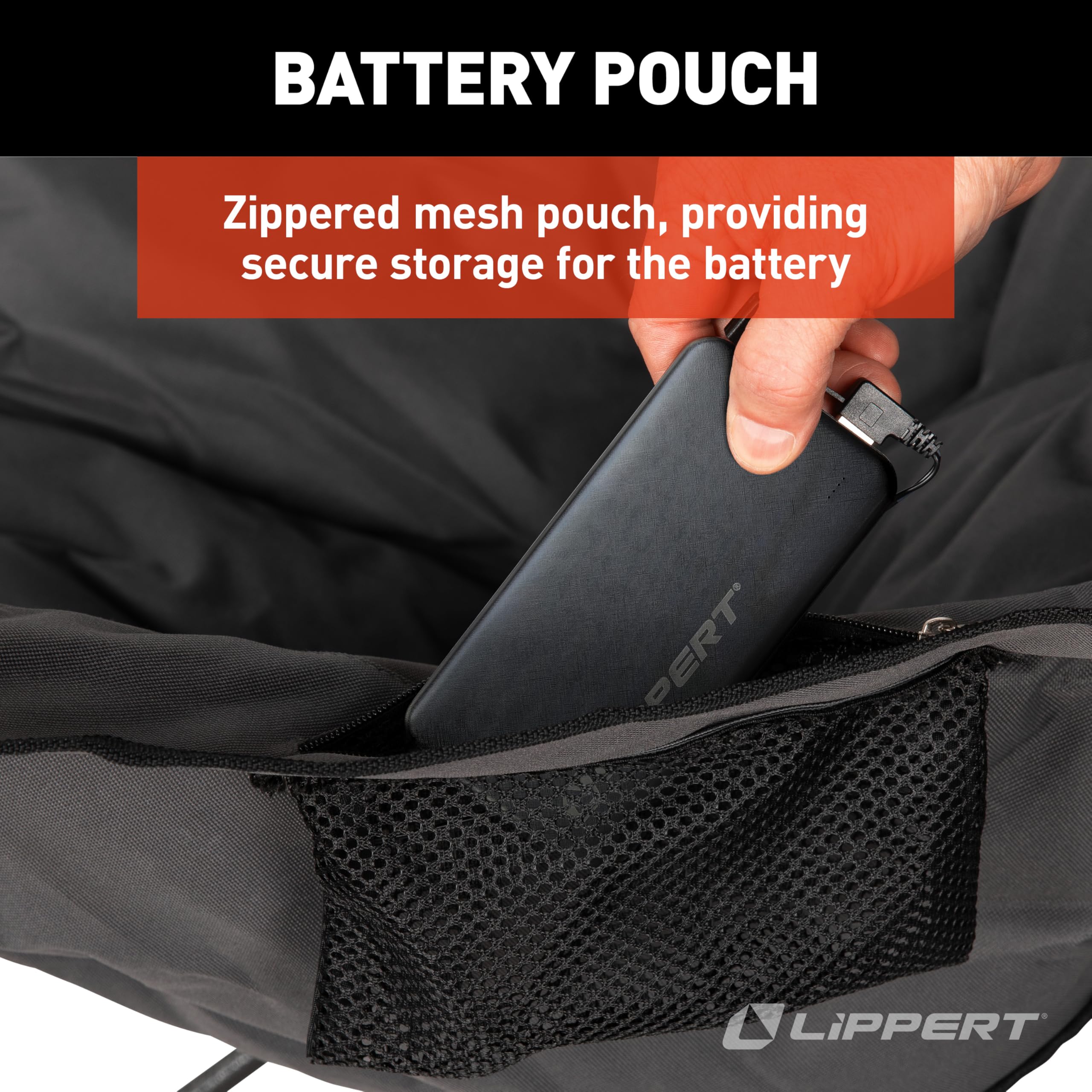 Lippert Heated Big Bear Dark Grey Folding Camping Loveseat with Power Banks, Four Heat Zones, 600-lb. Weight Capacity, 600D Polyester Fabric, High-Loft Cushioning, Zippered Carrying Bag - 2024043335